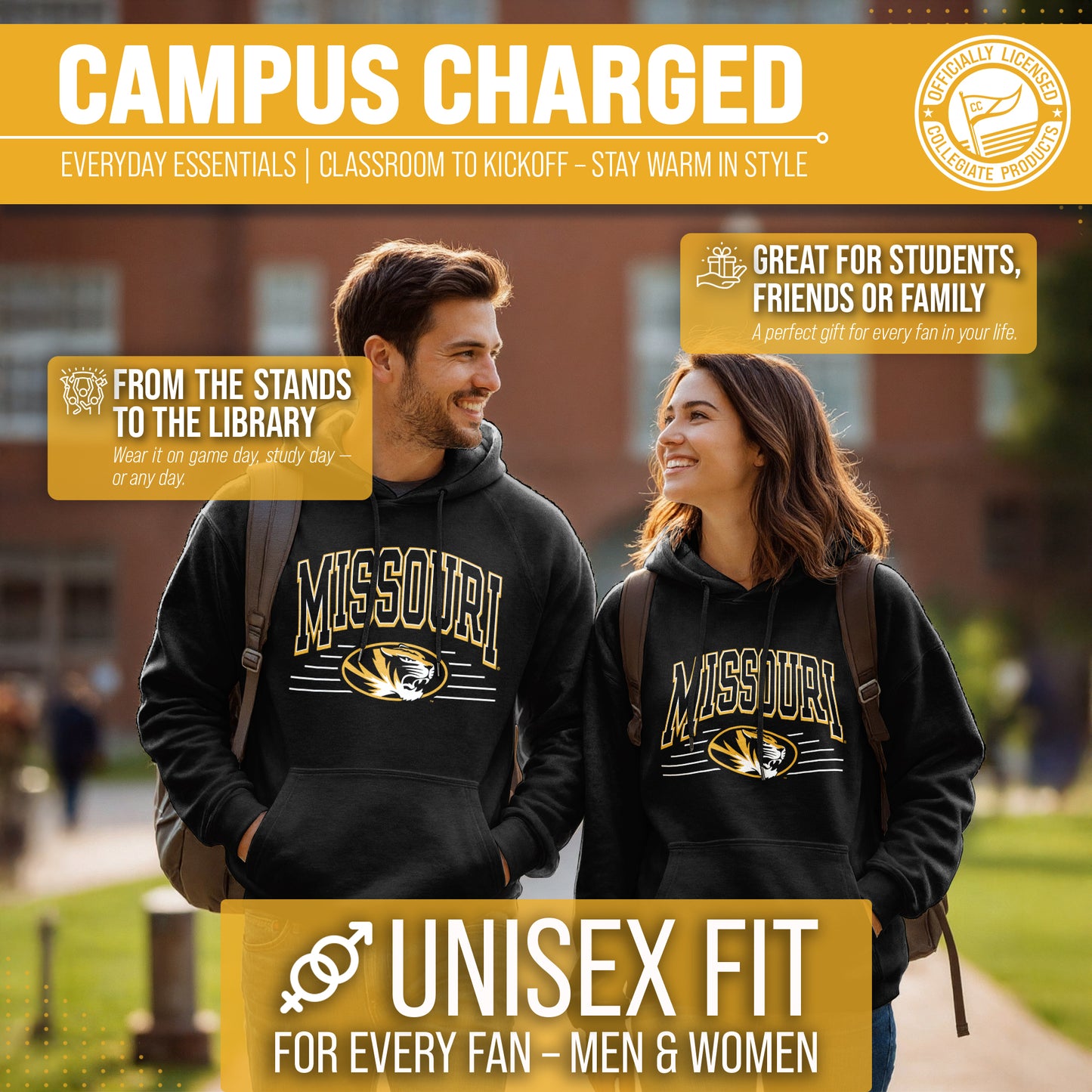 Missouri Tigers NCAA Adult Unisex Overtime Classics Hooded Fleece Sweatshirt - Black