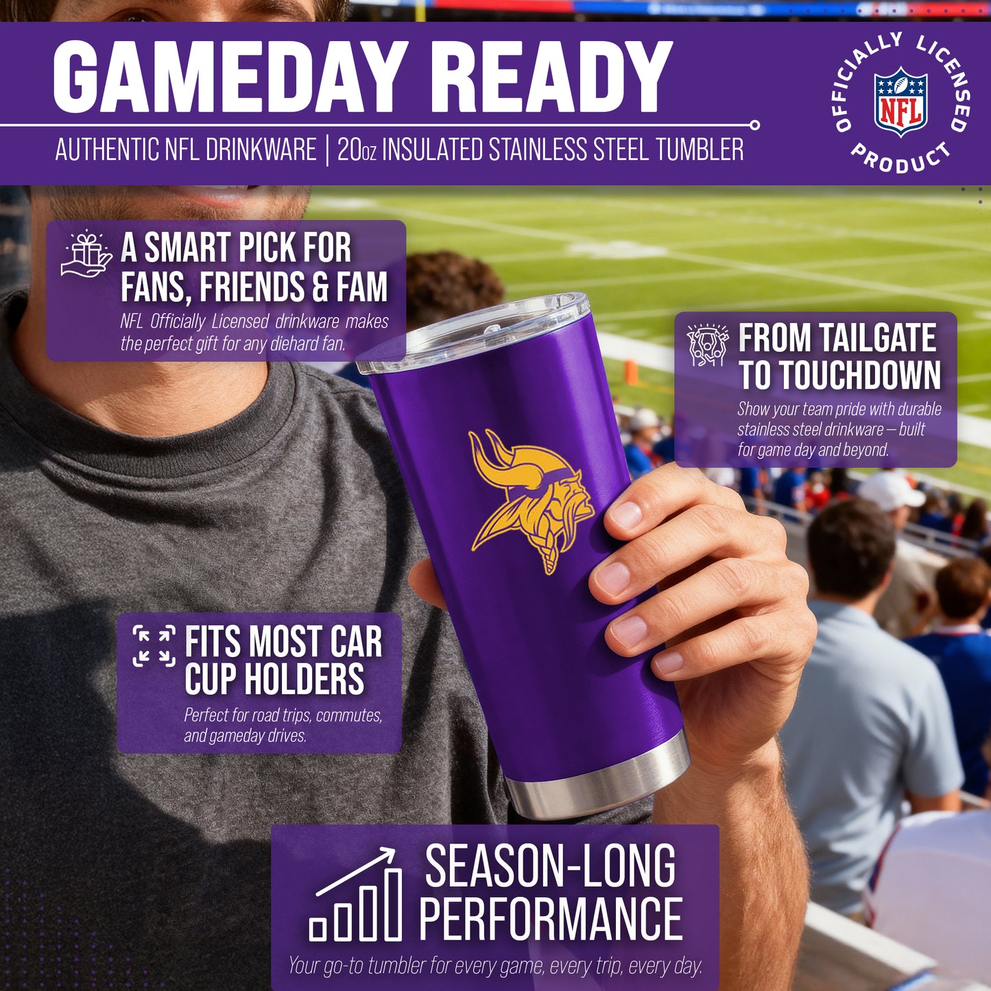 Minnesota Vikings NFL 20oz Gameday Stainless Steel Tumbler - Purple