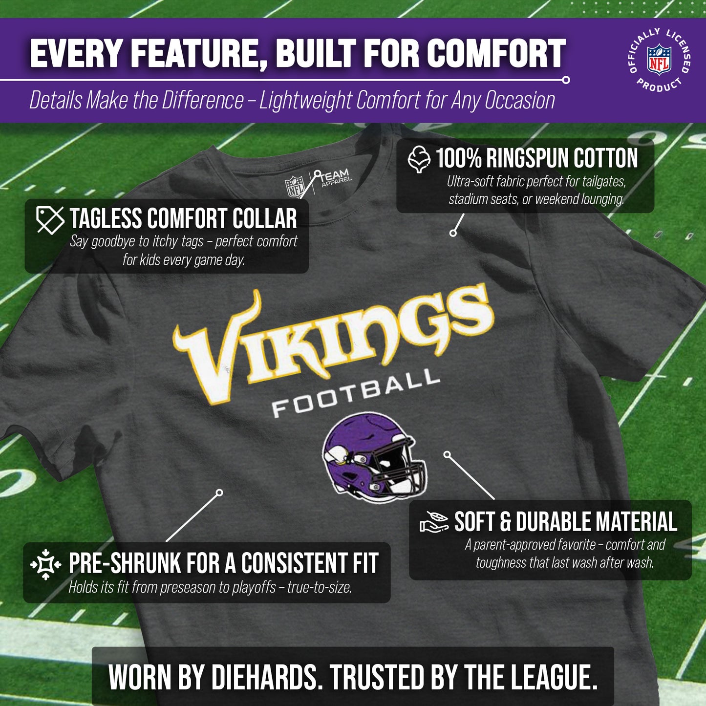 Minnesota Vikings NFL Youth Football Helmet Tagless T-Shirt - Charcoal