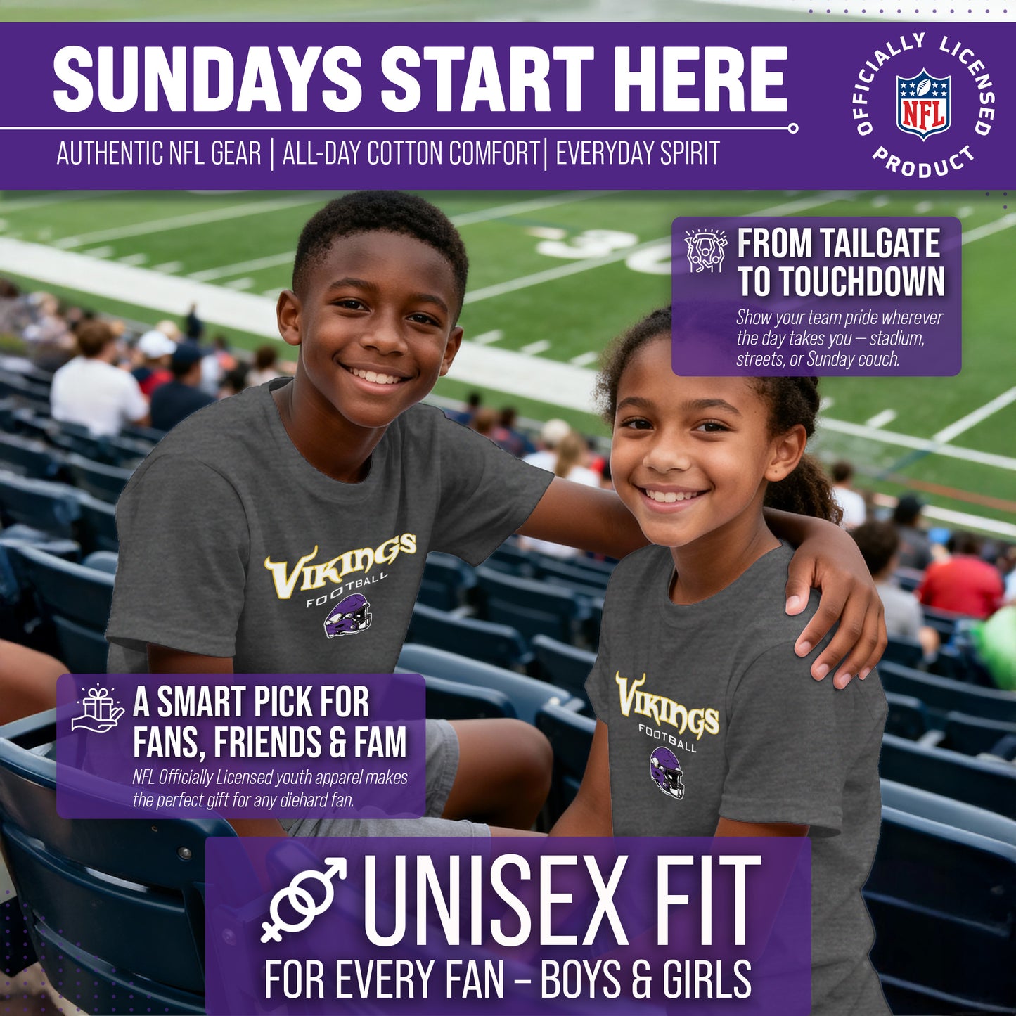 Minnesota Vikings NFL Youth Football Helmet Tagless T-Shirt - Charcoal