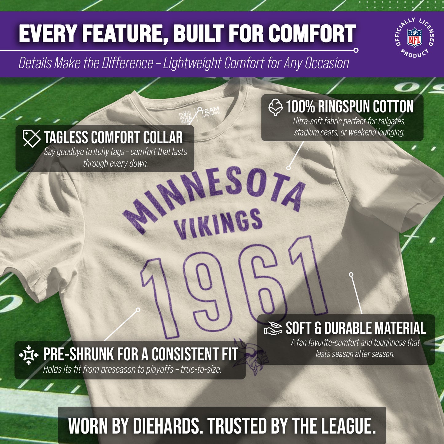 Minnesota Vikings NFL Adult Big Date Tag-Less T-Shirt - Natural