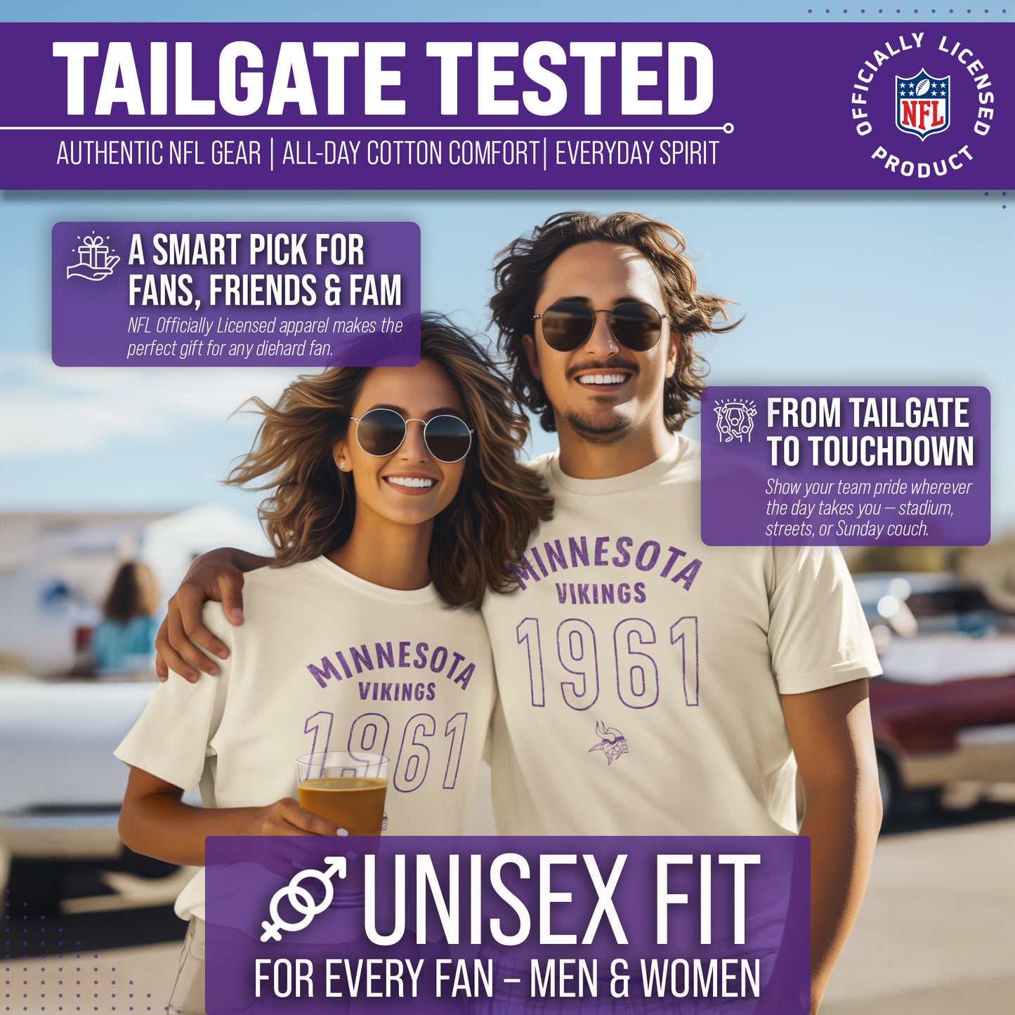 Minnesota Vikings NFL Adult Big Date Tag-Less T-Shirt - Natural