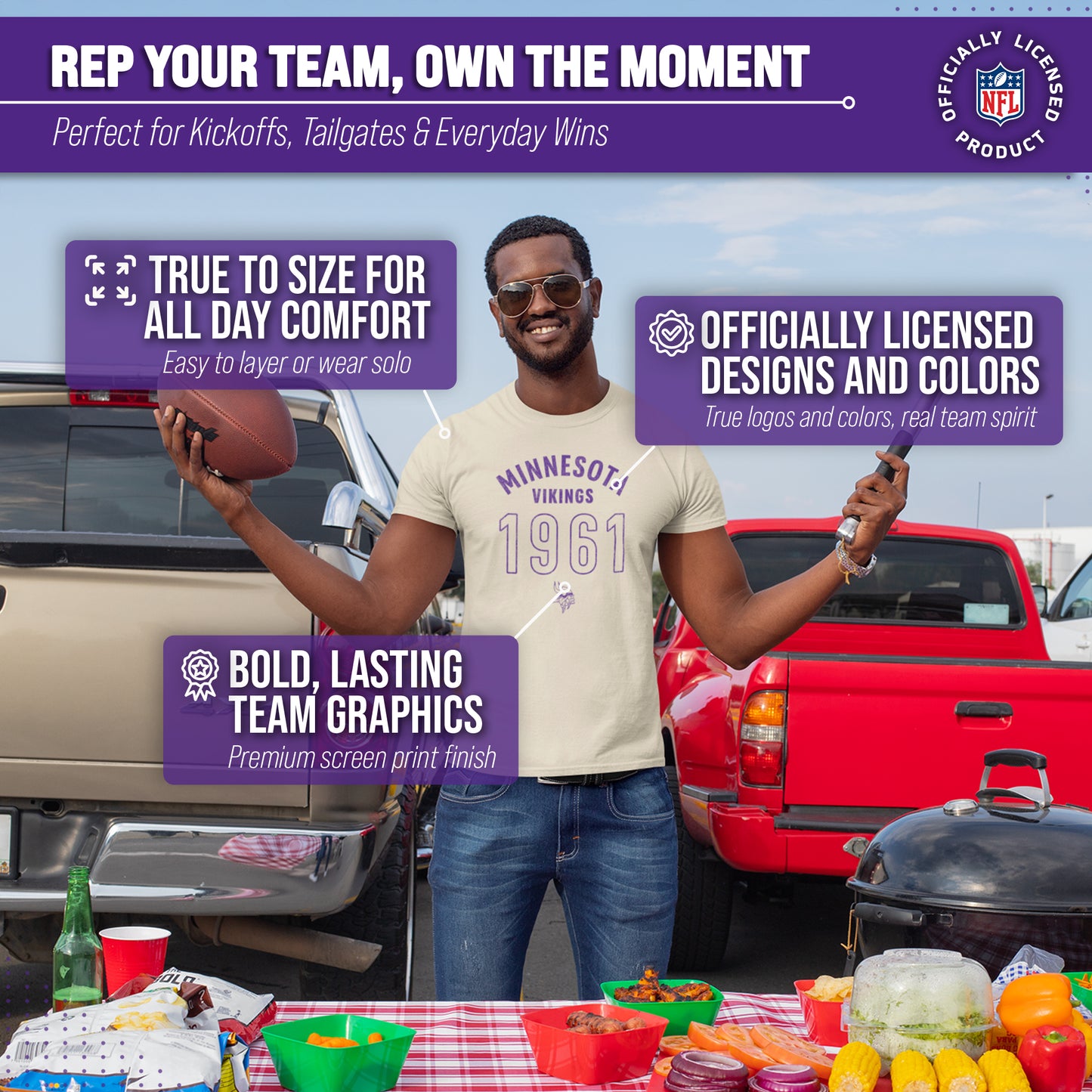 Minnesota Vikings NFL Adult Big Date Tag-Less T-Shirt - Natural