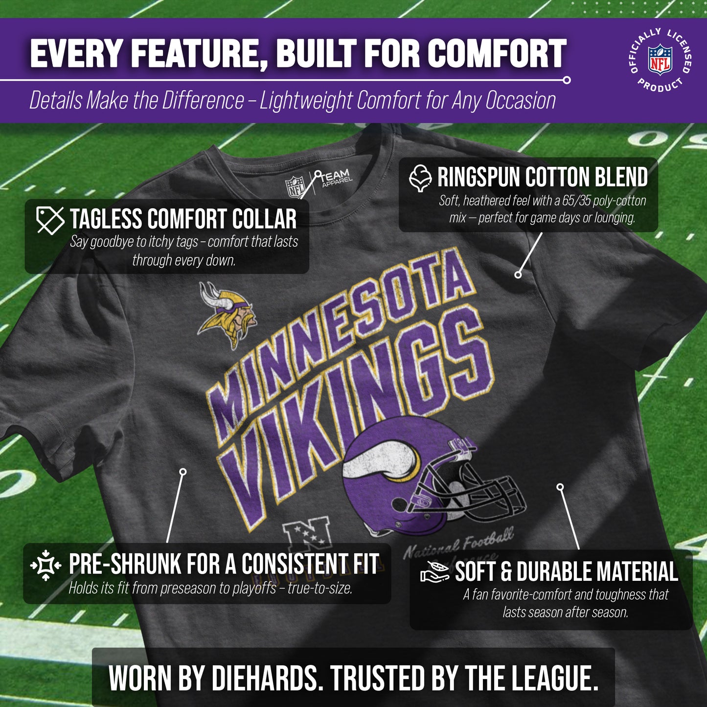 Minnesota Vikings NFL Adult Distressed Helmet Tag-Less T-Shirt - Heather Charcoal