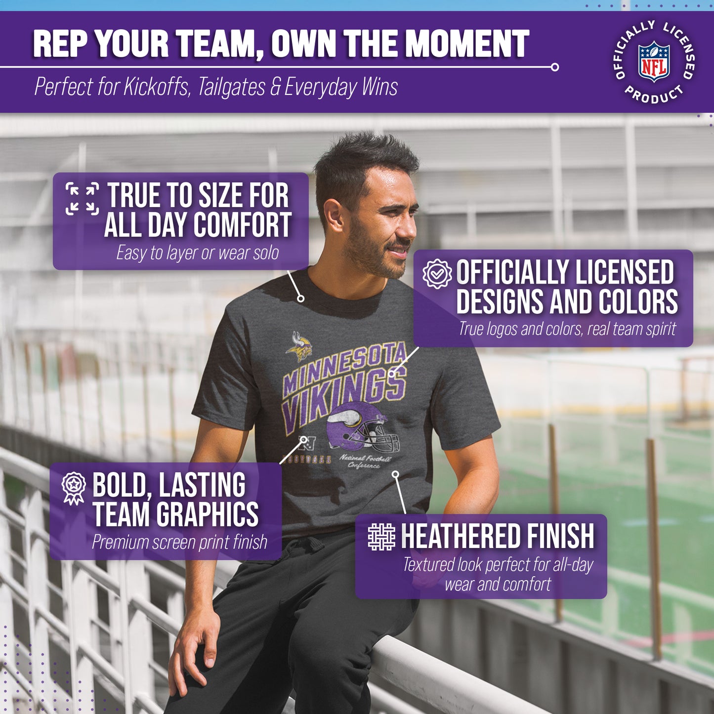 Minnesota Vikings NFL Adult Distressed Helmet Tag-Less T-Shirt - Heather Charcoal