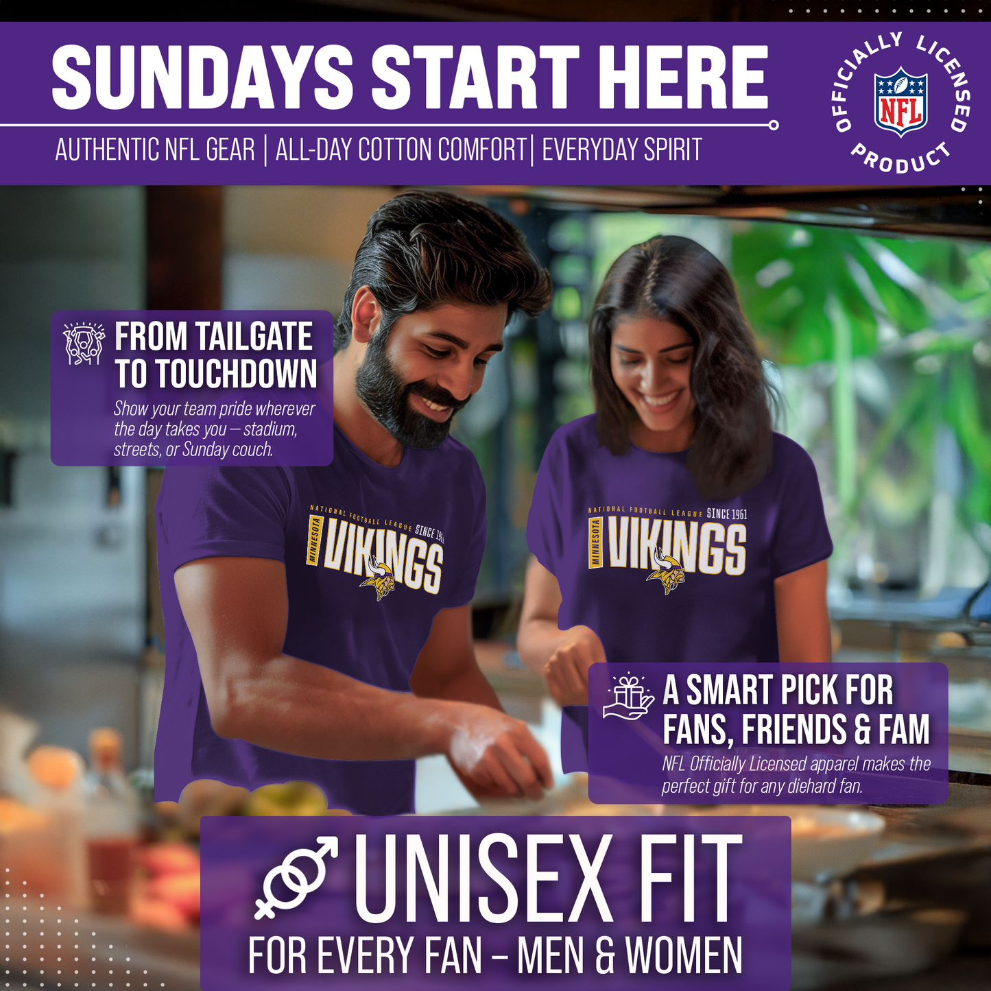 Minnesota Vikings NFL Adult Modern Endzone Tag-Less T-Shirt - Purple
