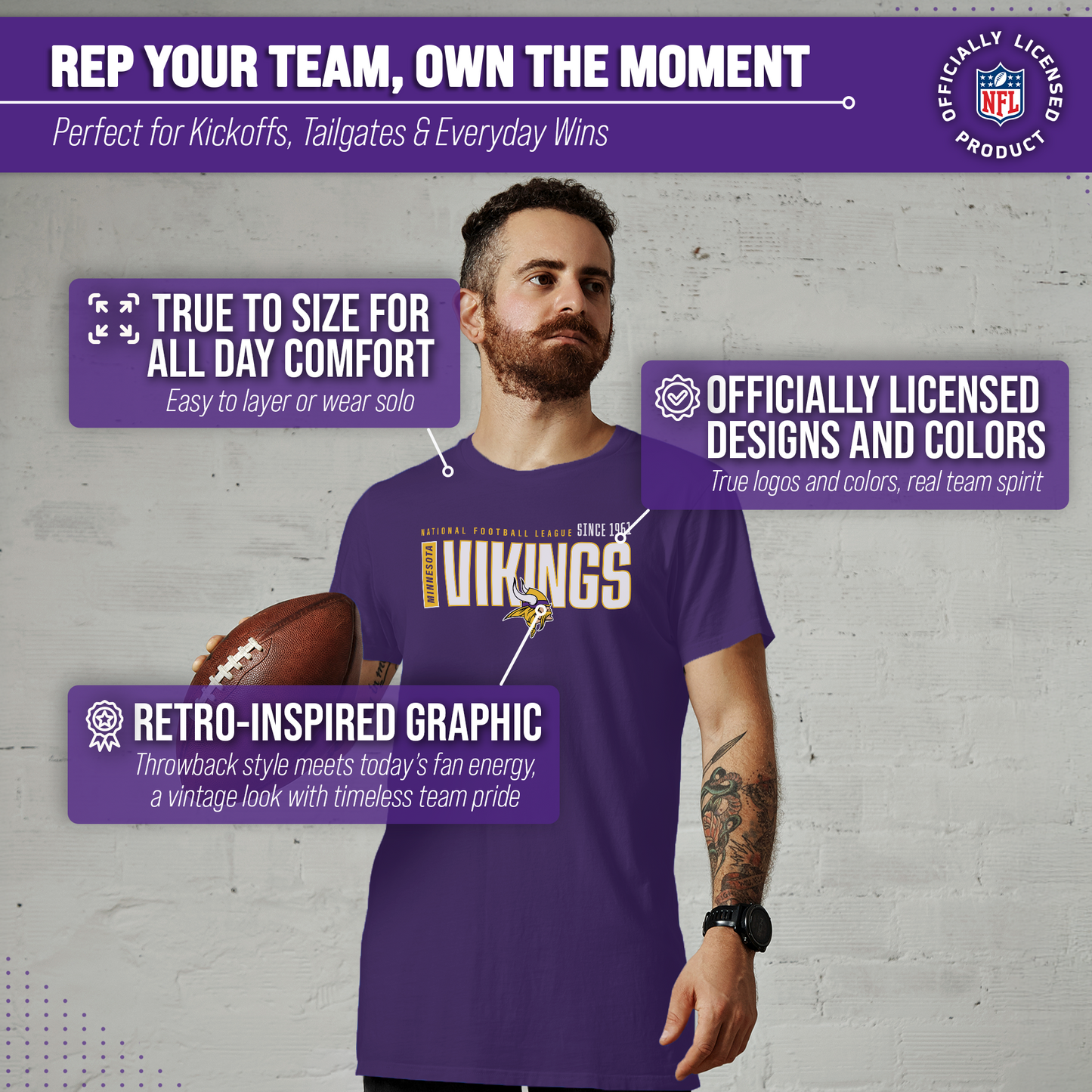 Minnesota Vikings NFL Adult Modern Endzone Tag-Less T-Shirt - Purple