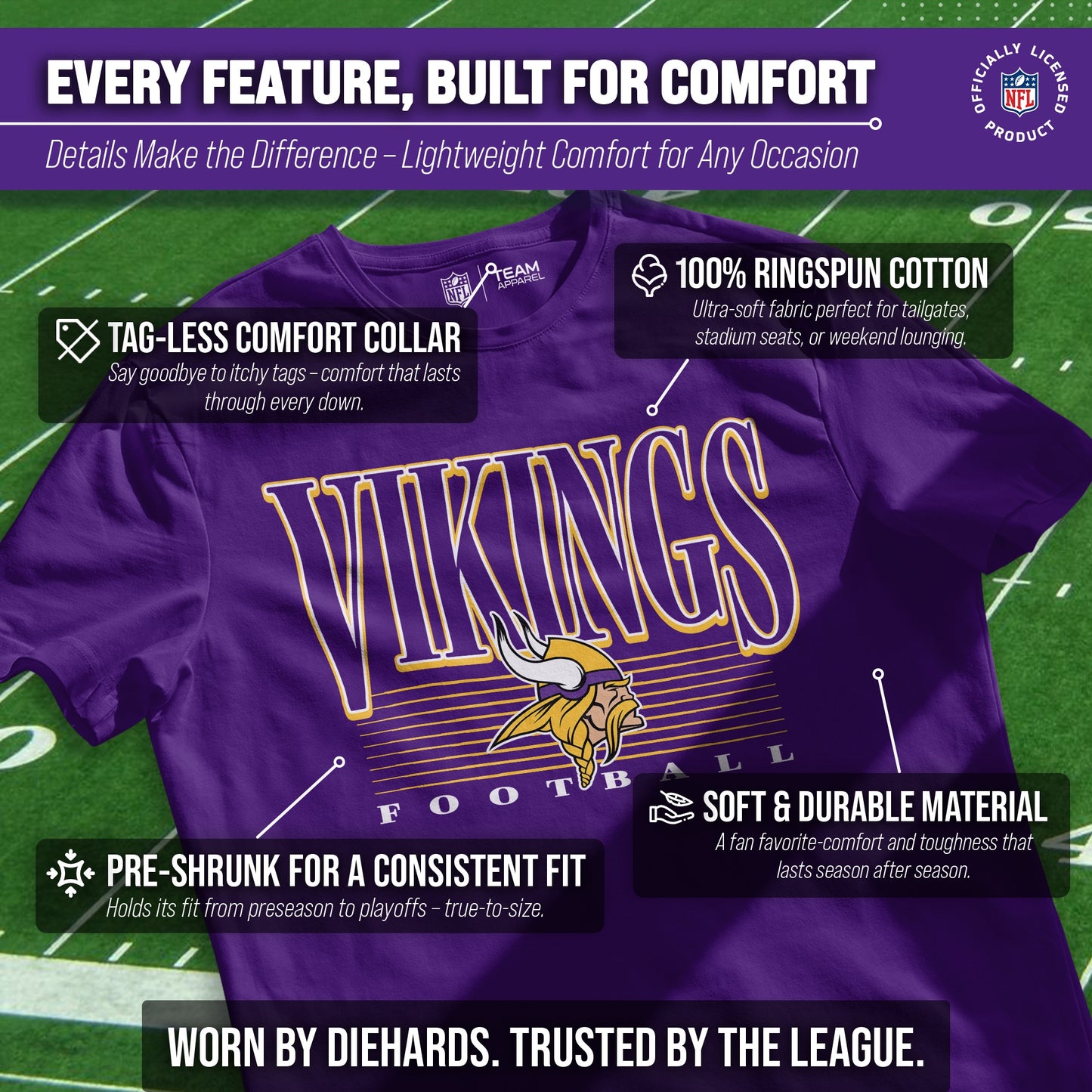 Minnesota Vikings NFL Adult Overtime Blueprint Tag-Less T-Shirt - Purple