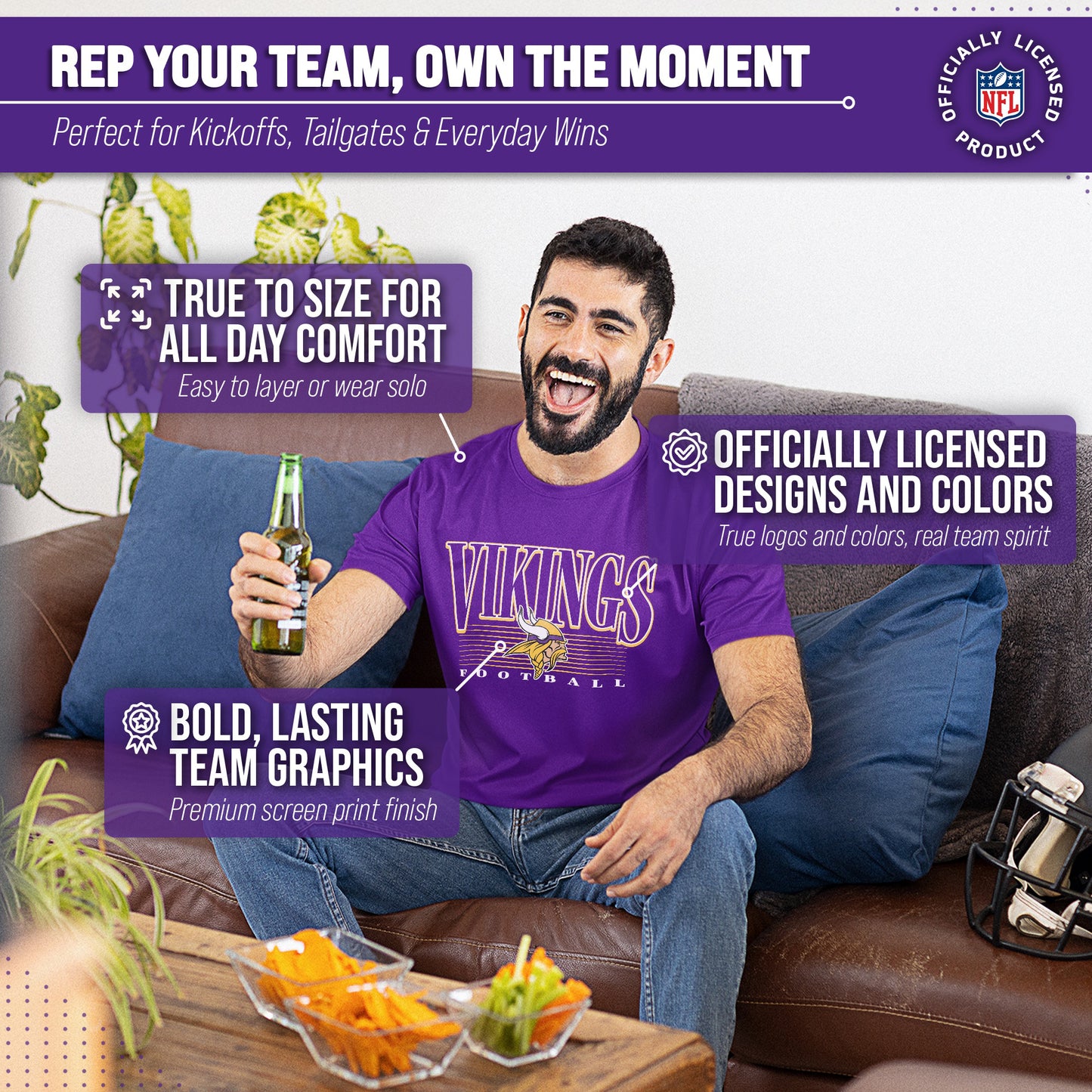 Minnesota Vikings NFL Adult Overtime Blueprint Tag-Less T-Shirt - Purple