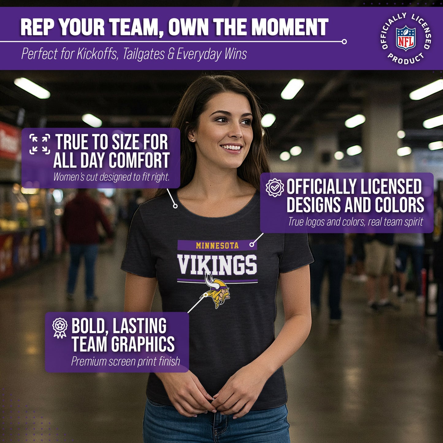 Minnesota Vikings NFL Women's Team Block Charcoal Tagless T-Shirt - Charcoal