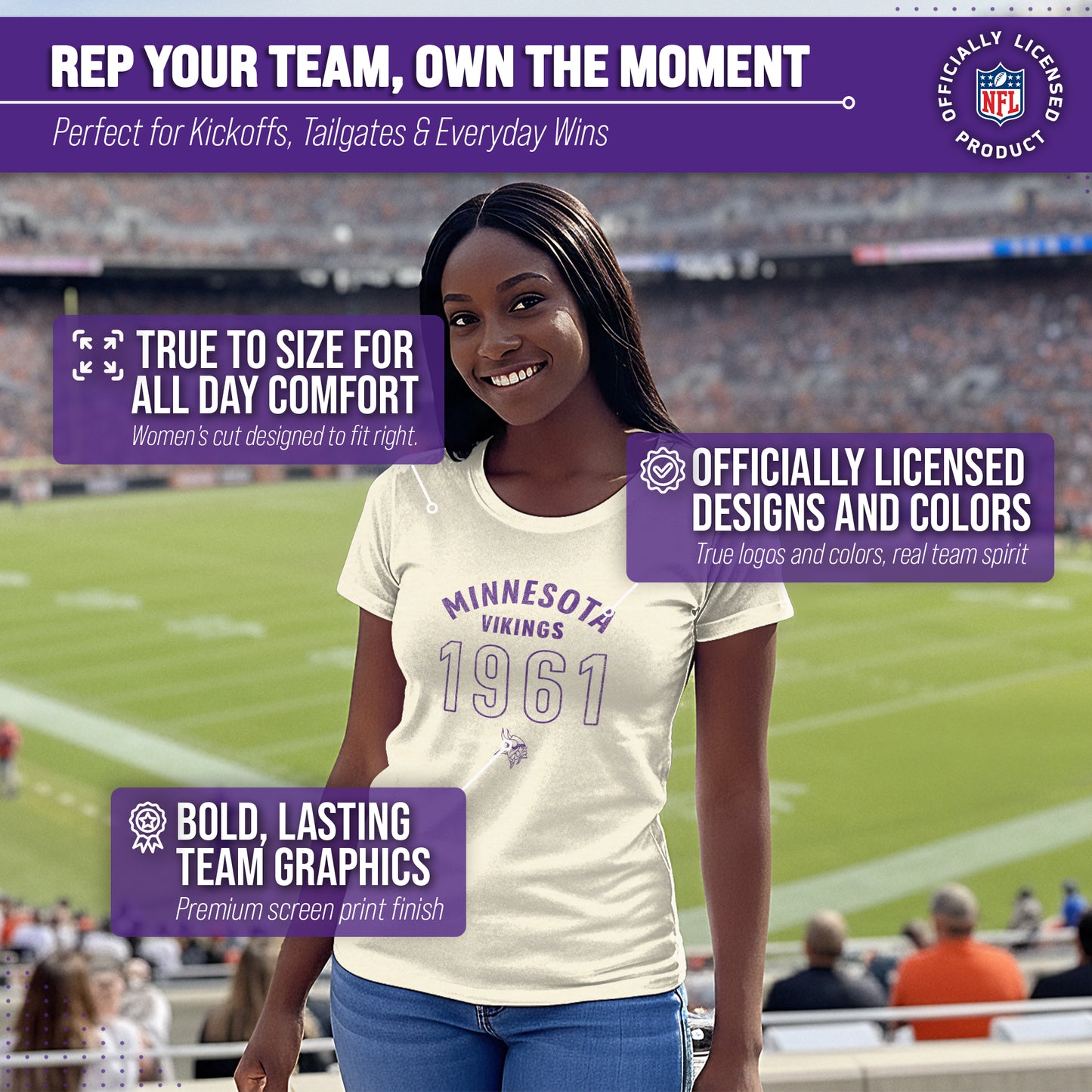 Minnesota Vikings NFL Womens Big Date Tag-Less T-Shirt - Natural