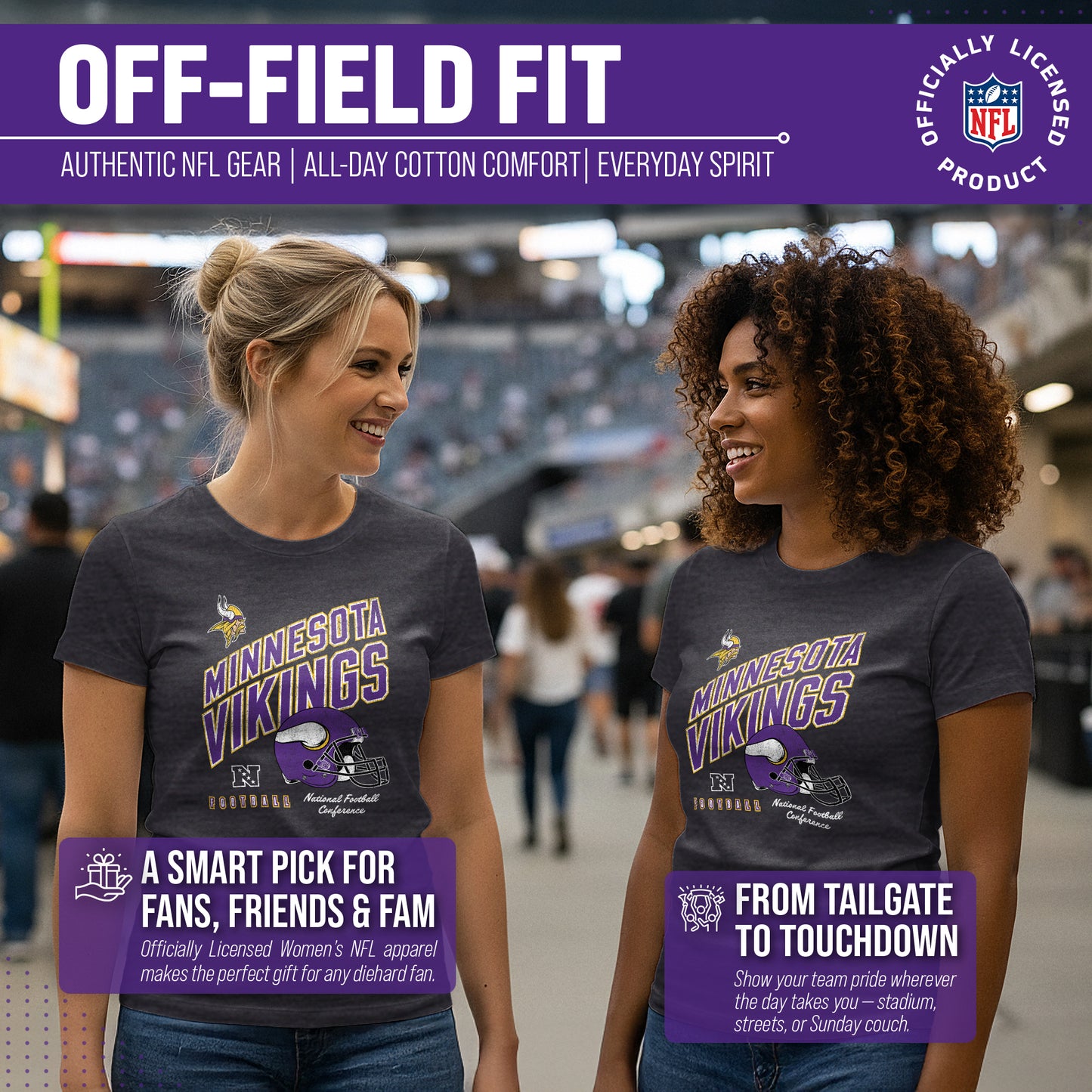 Minnesota Vikings NFL Womens Distressed Helmet Tag-Less Soft T-Shirt - Heather Charcoal