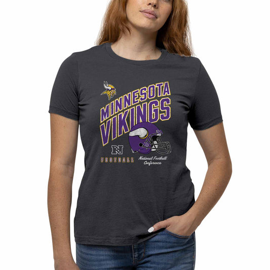 Minnesota Vikings NFL Womens Distressed Helmet Tag-Less Soft T-Shirt - Heather Charcoal