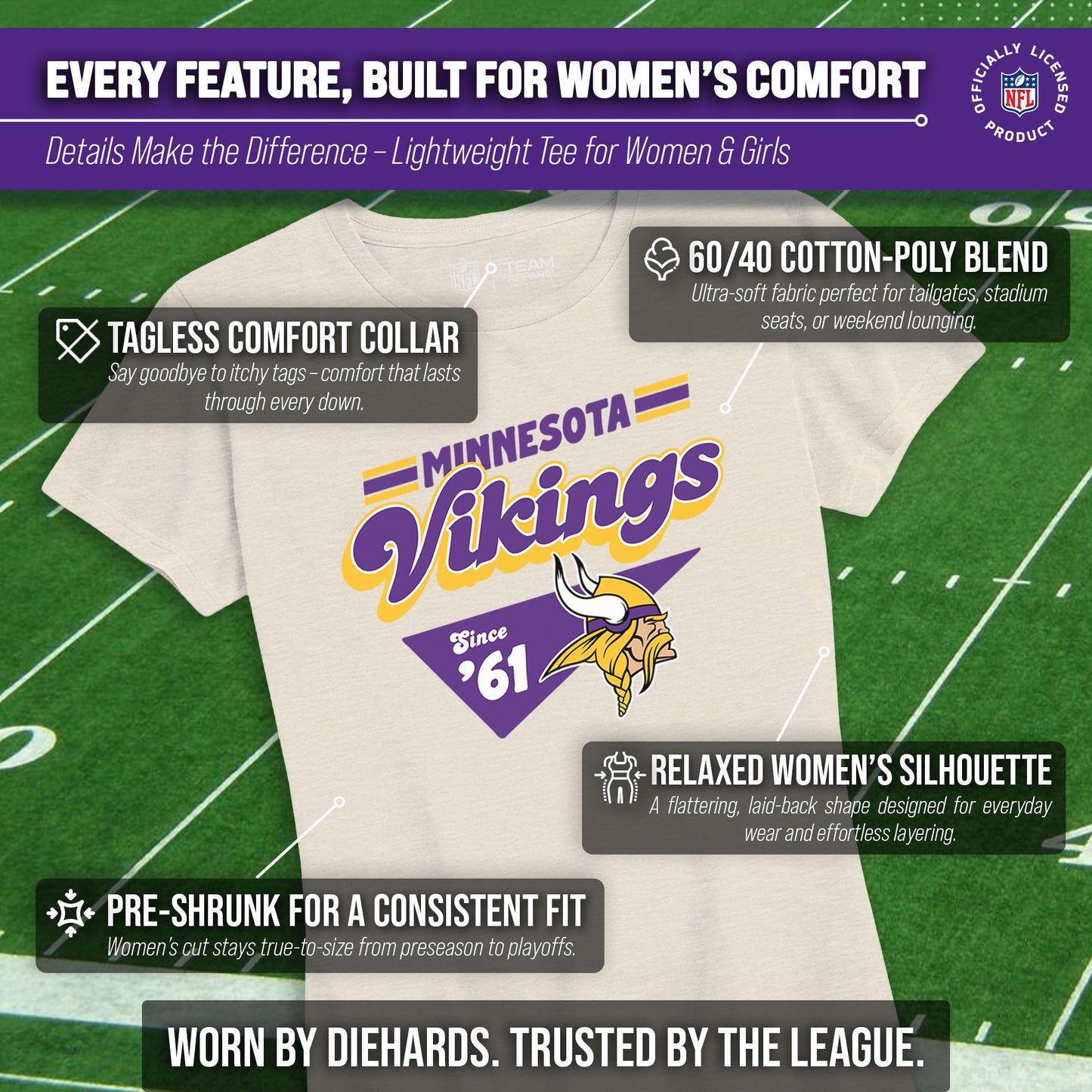 Minnesota Vikings NFL Womens Vintage Charm Tag-Less Soft T-Shirt - Birch