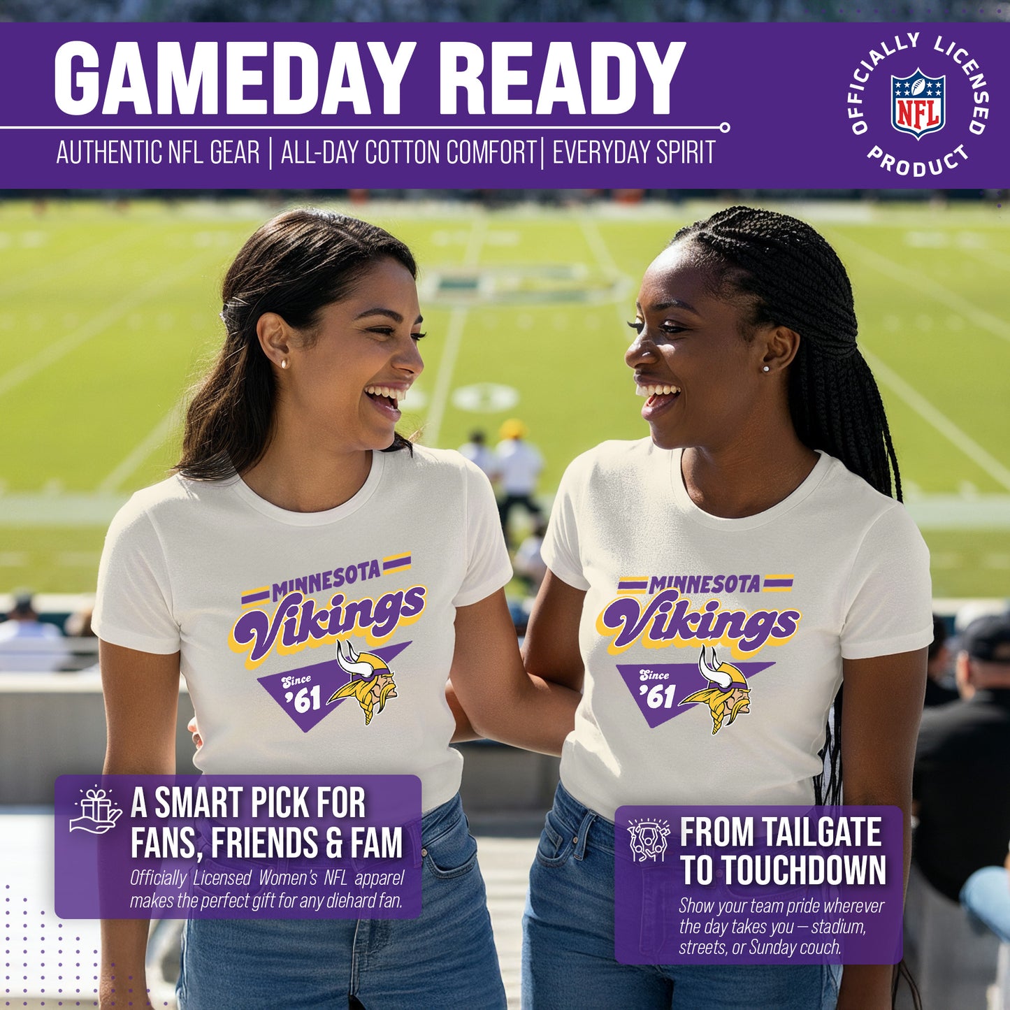 Minnesota Vikings NFL Womens Vintage Charm Tag-Less Soft T-Shirt - Birch