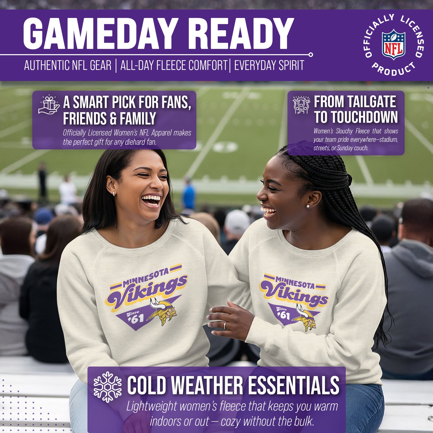 Minnesota Vikings NFL Womens Vintage Charm Slouchy Crewneck - Birch