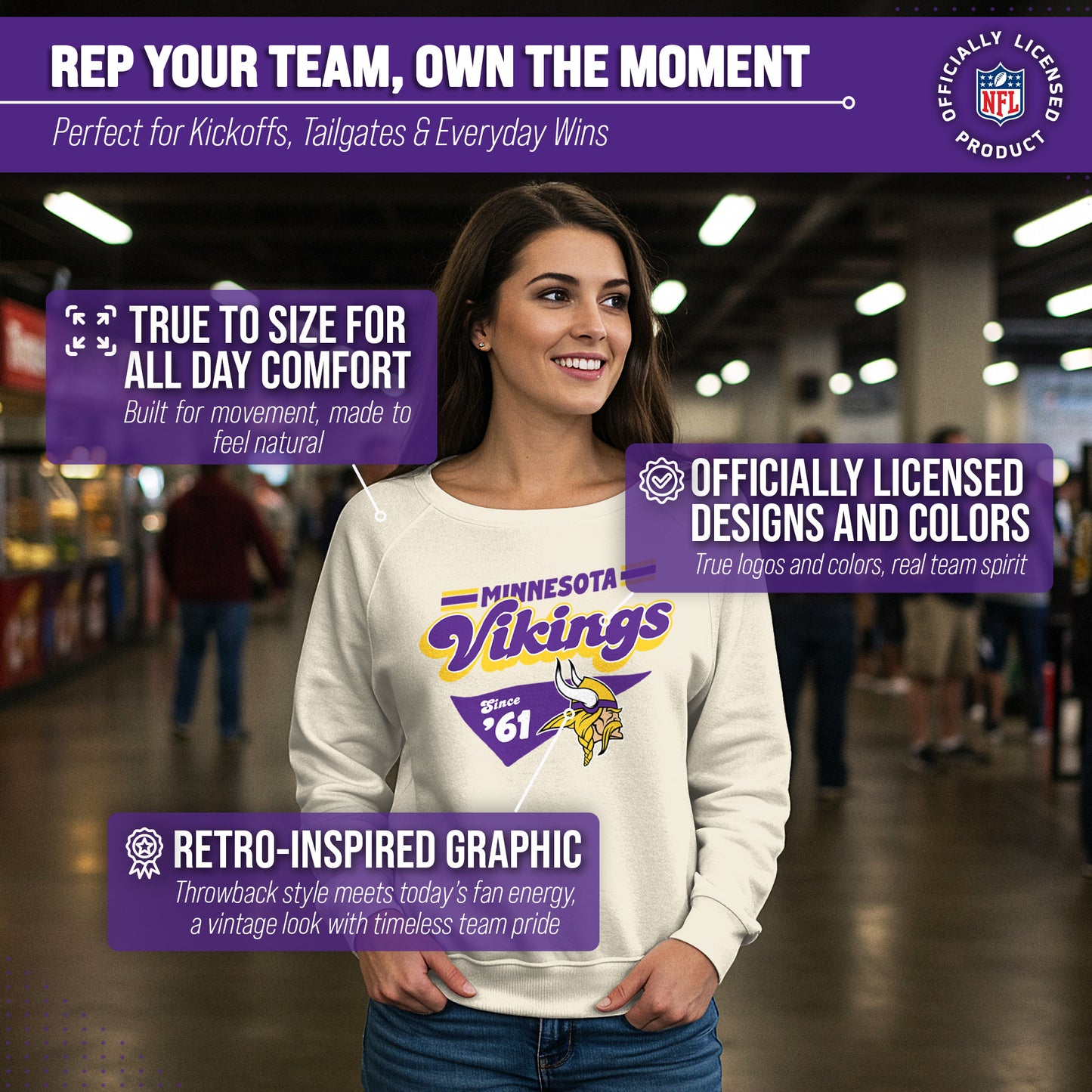 Minnesota Vikings NFL Womens Vintage Charm Slouchy Crewneck - Birch