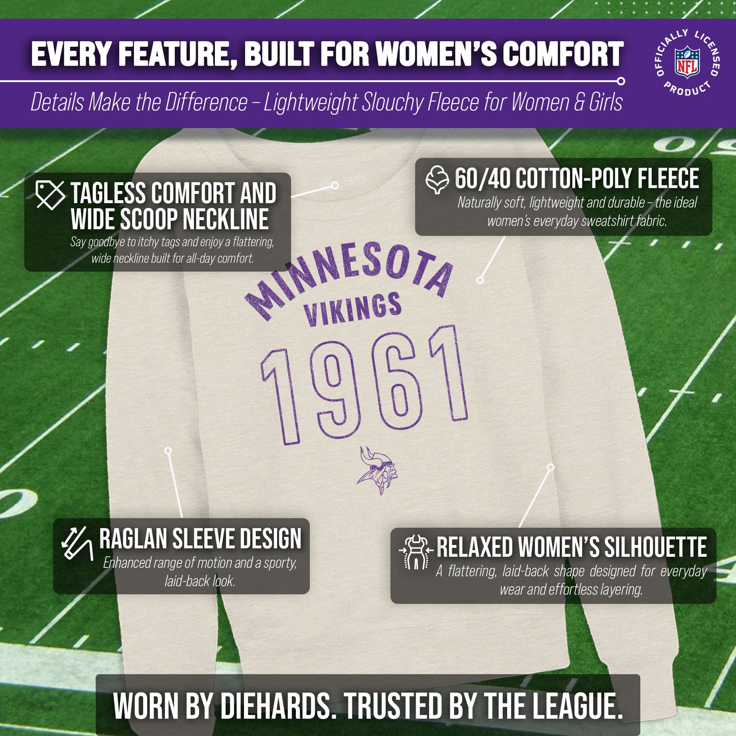 Minnesota Vikings NFL Womens Big Date Slouchy Crewneck - Natural