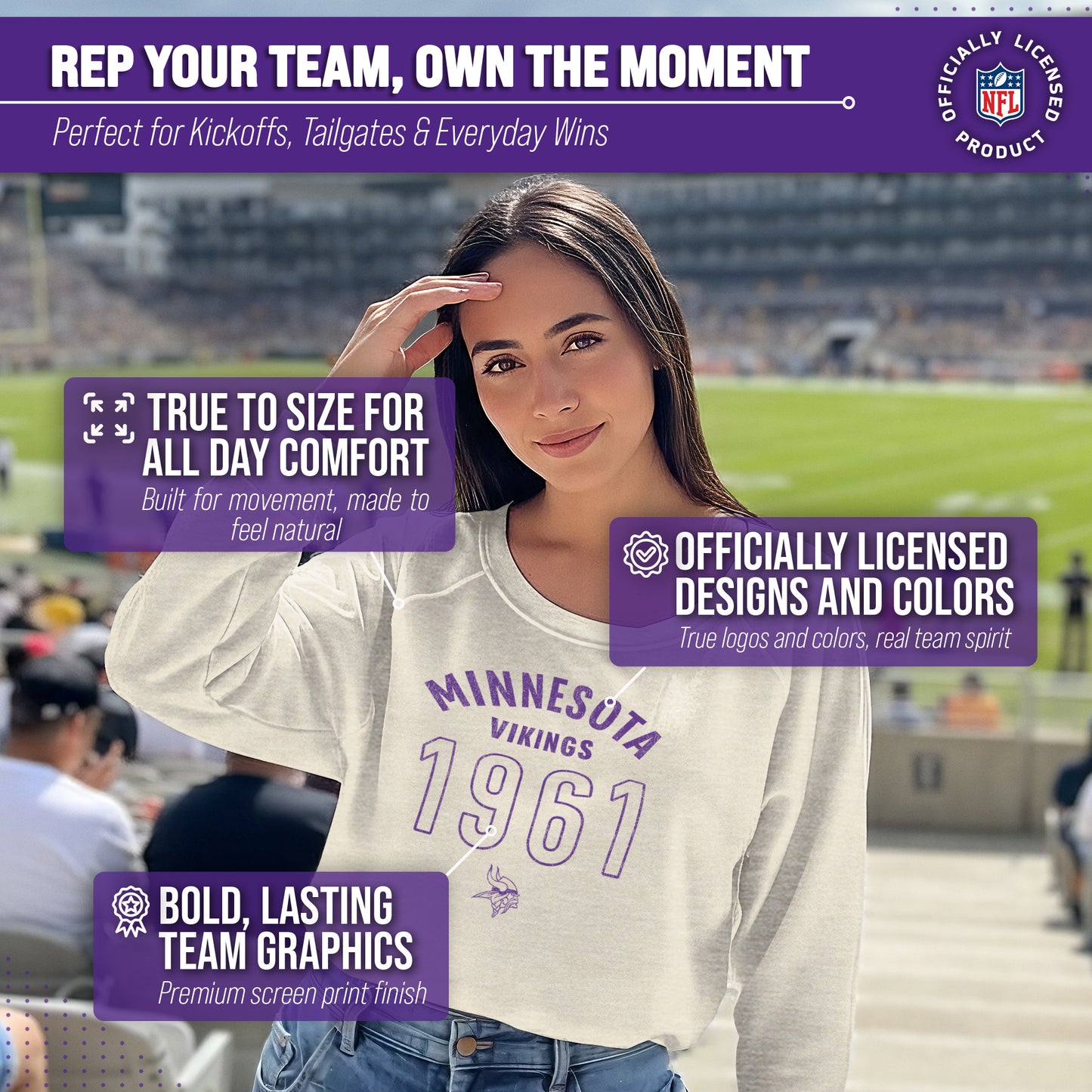 Minnesota Vikings NFL Womens Big Date Slouchy Crewneck - Natural