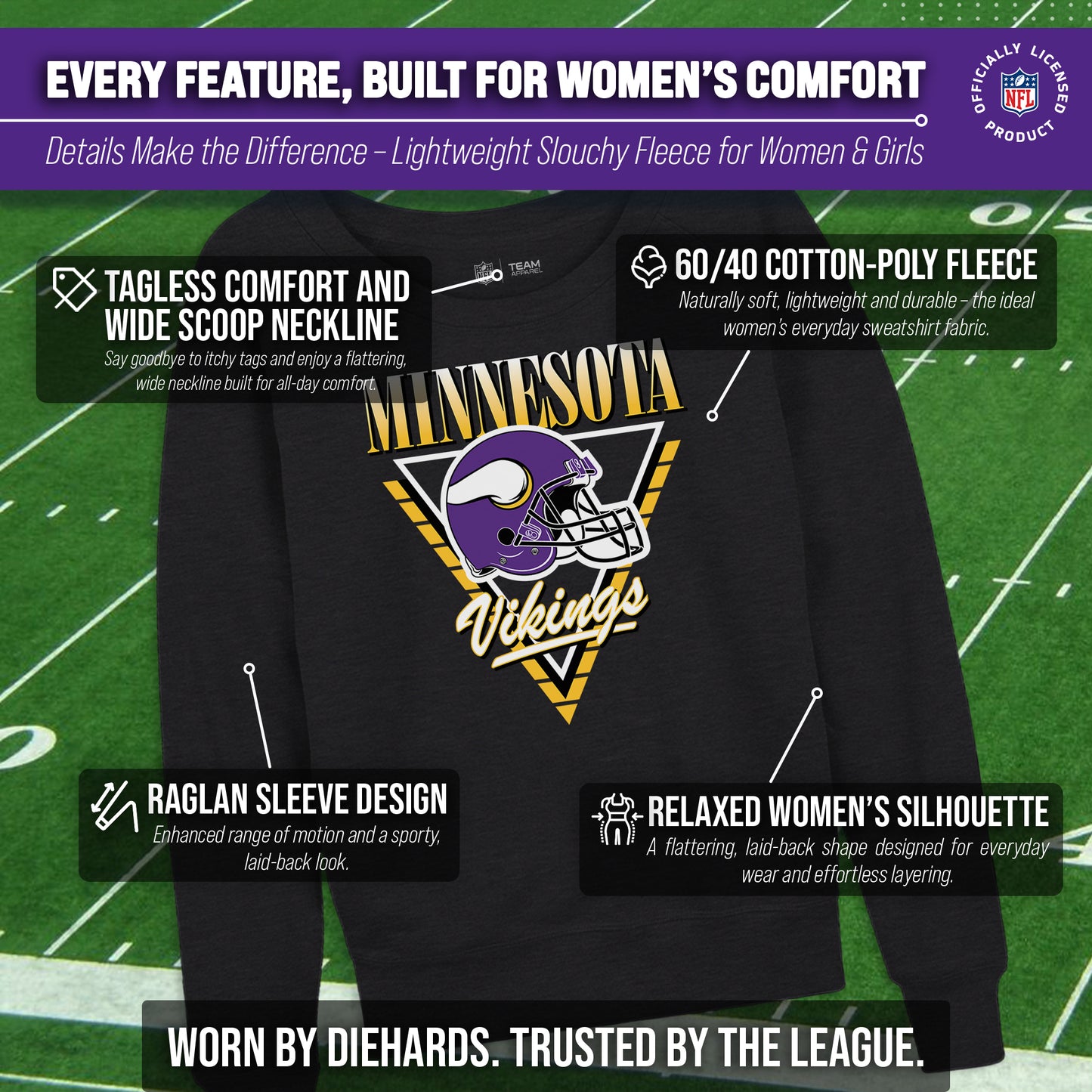 Minnesota Vikings NFL Womens Retro Triangle Slouchy Crewneck - Heather Charcoal