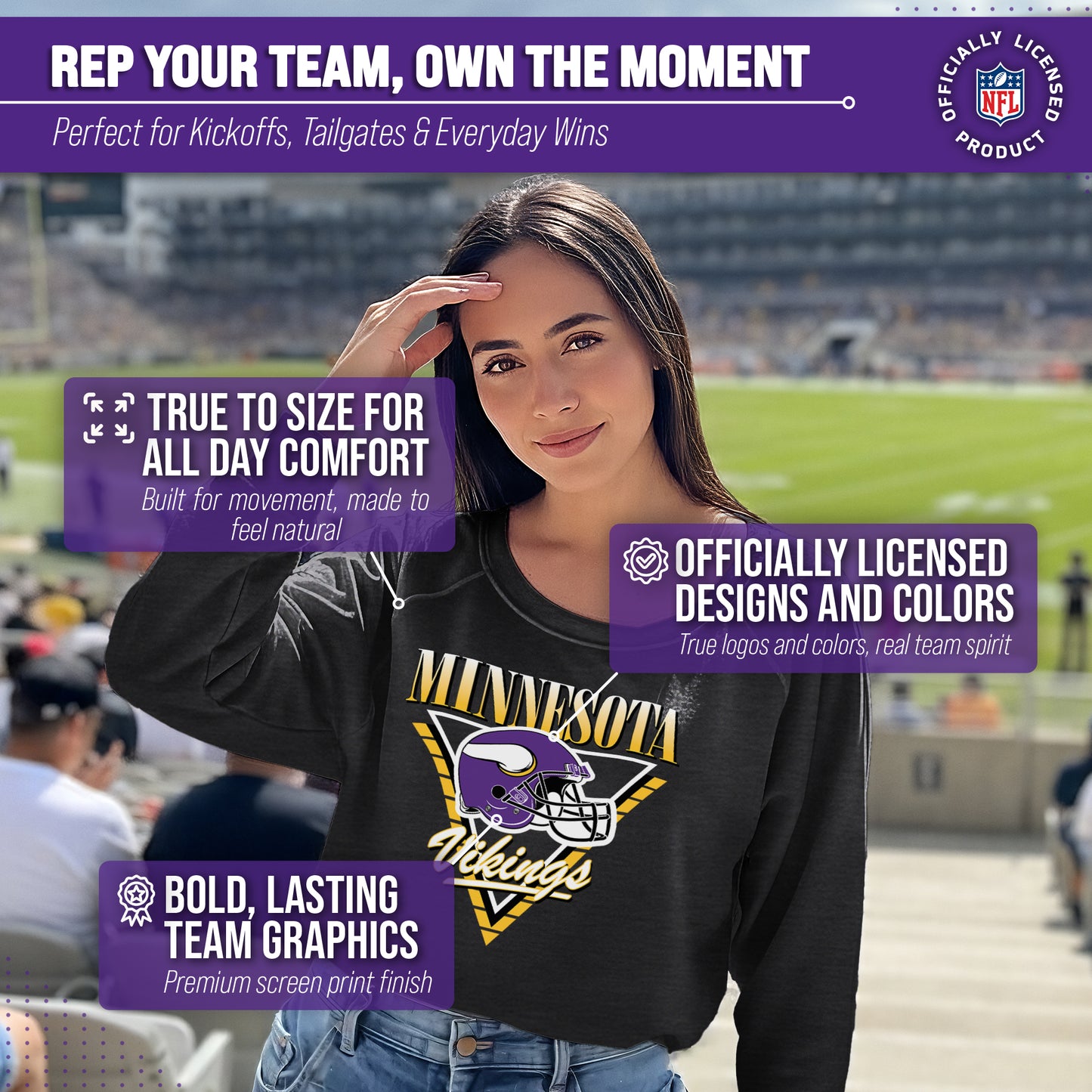 Minnesota Vikings NFL Womens Retro Triangle Slouchy Crewneck - Heather Charcoal