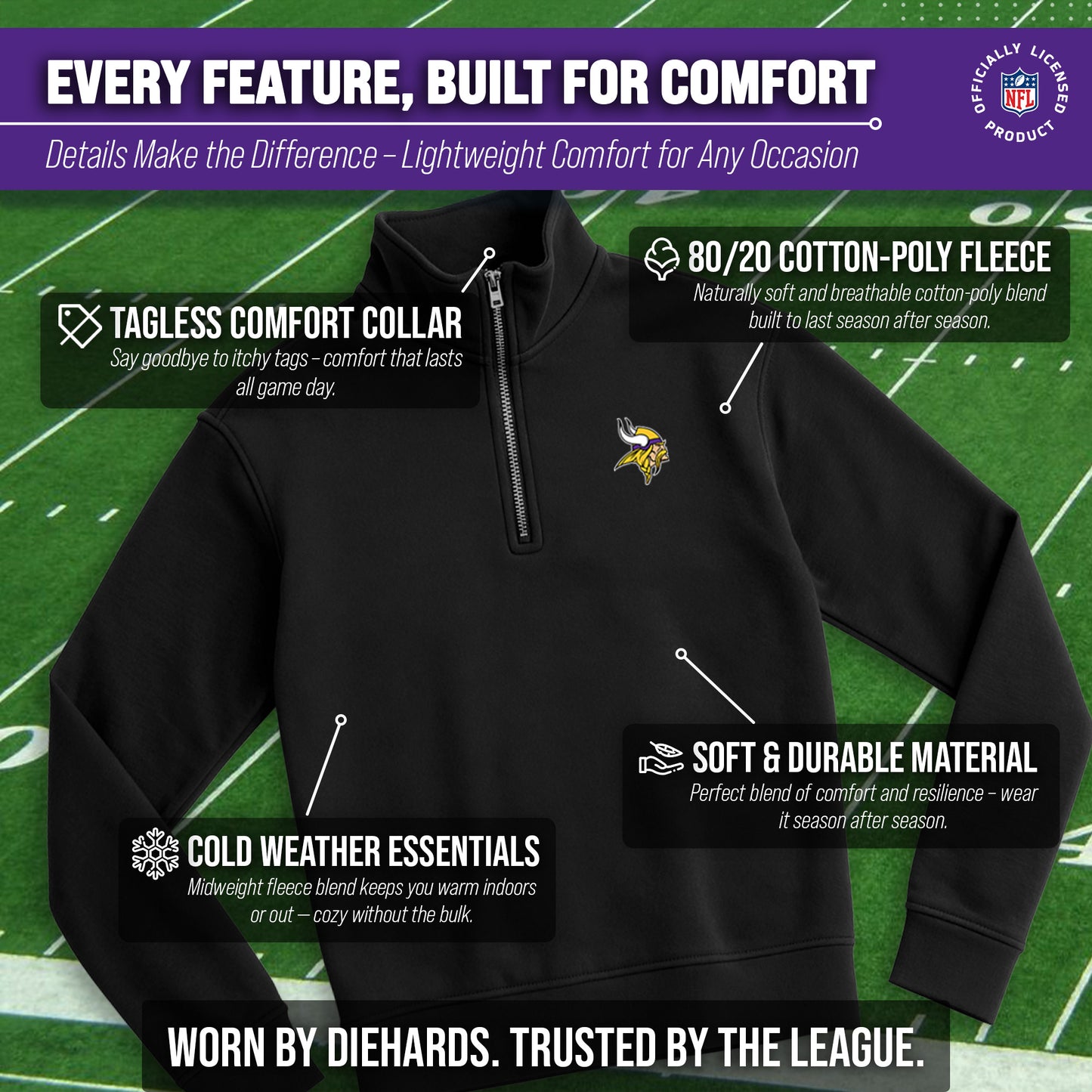 Minnesota Vikings NFL Adult Unisex Team Logo Quarter Zip Pullover Sweatshirt - Black