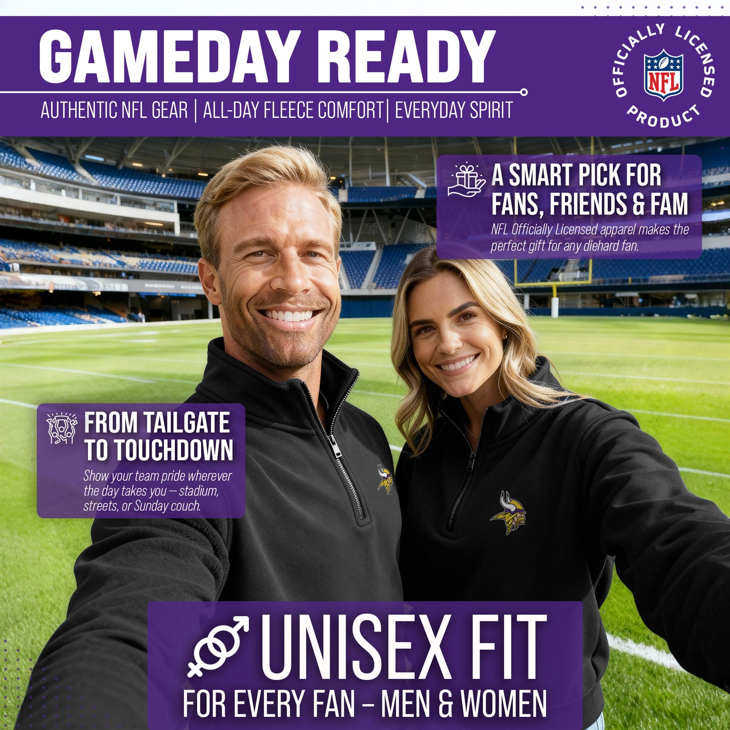 Minnesota Vikings NFL Adult Unisex Team Logo Quarter Zip Pullover Sweatshirt - Black