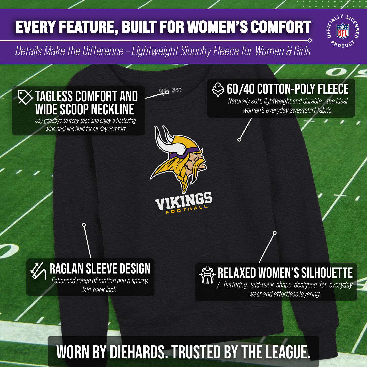 Minnesota Vikings Women's NFL Ultimate Fan Logo Slouchy Crewneck -Tagless Fleece Lightweight Pullover - Charcoal