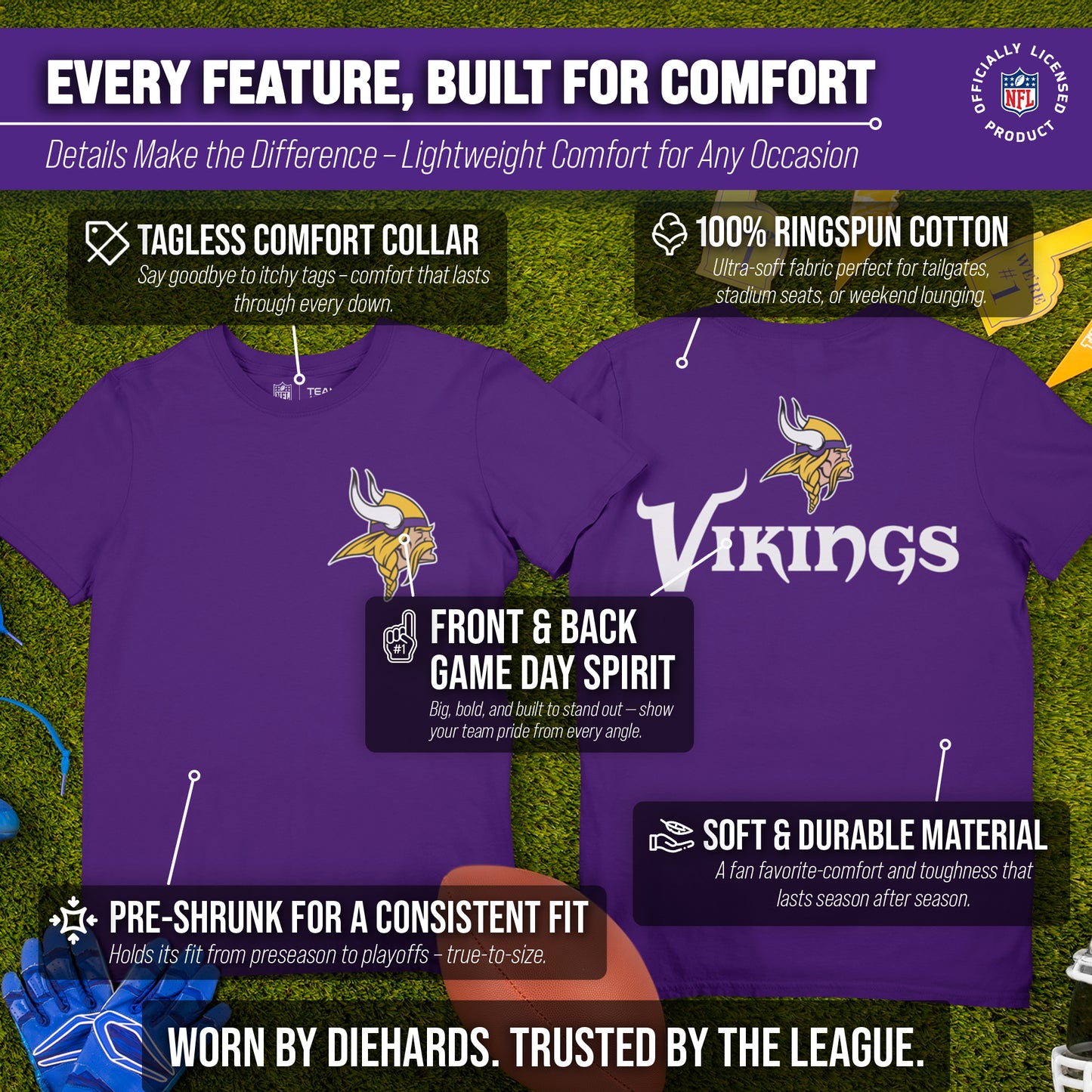 Minnesota Vikings NFL Pro Football Final Countdown Adult Cotton-Poly Short Sleeved T-Shirt For Men & Women - Purple