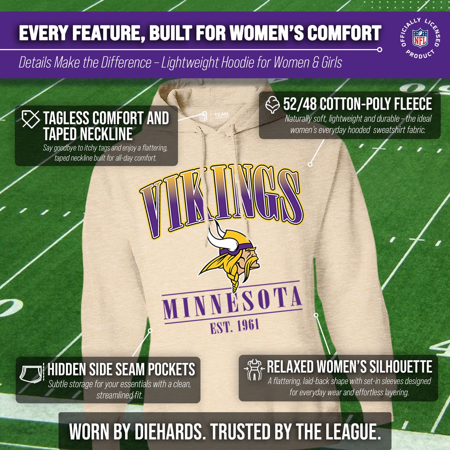 Minnesota Vikings Ladies NFL Starstruck Fleece Pullover Hooded Sweatshirt - Cream