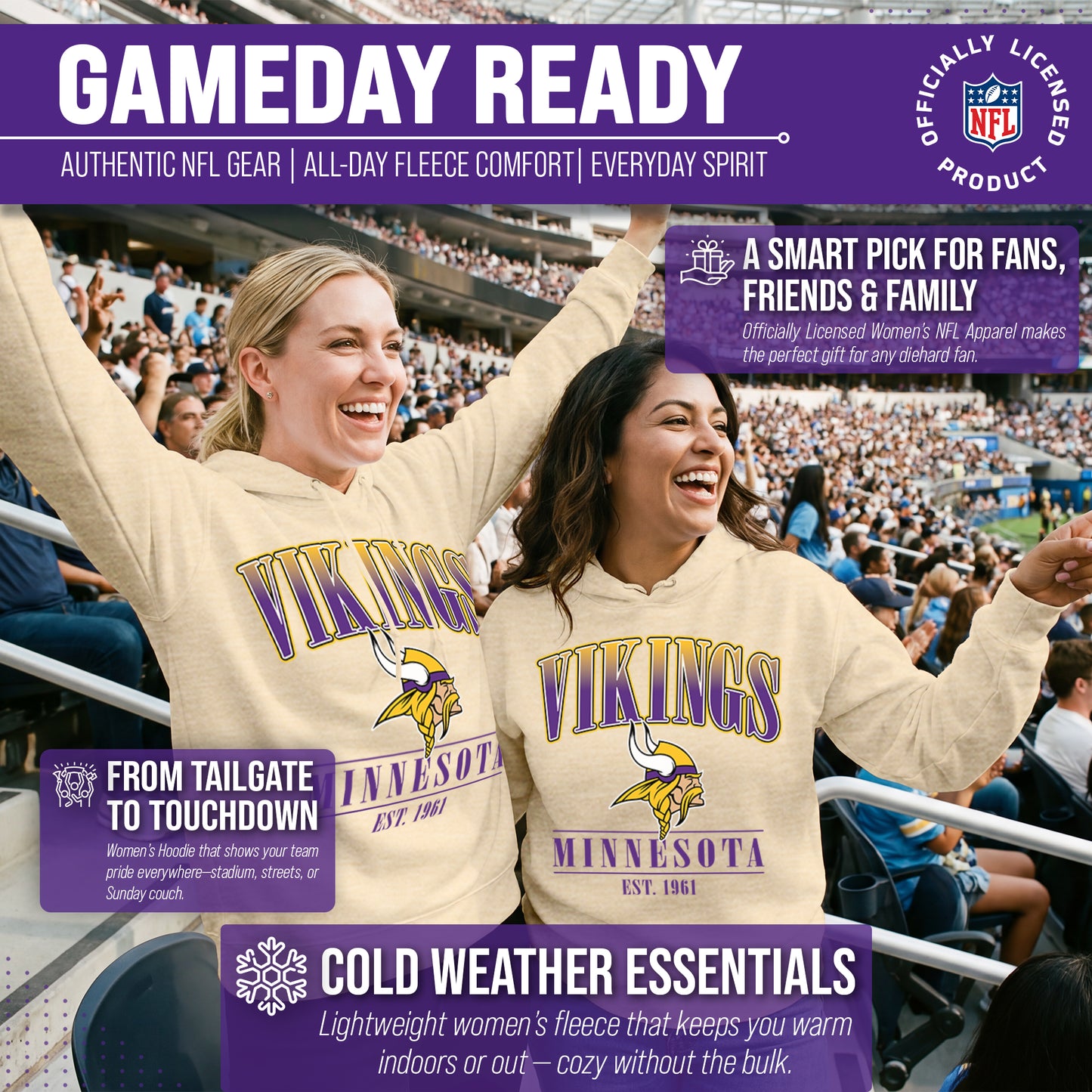 Minnesota Vikings Ladies NFL Starstruck Fleece Pullover Hooded Sweatshirt - Cream