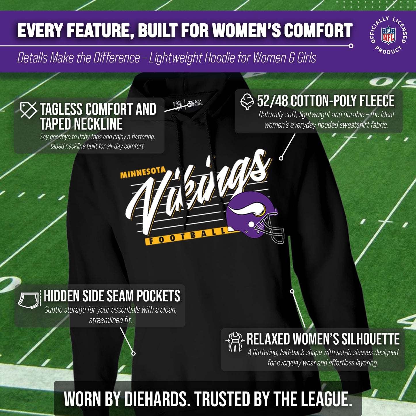 Minnesota Vikings Ladies NFL Scrimmage Line Fleece Pullover Hooded Sweatshirt - Black