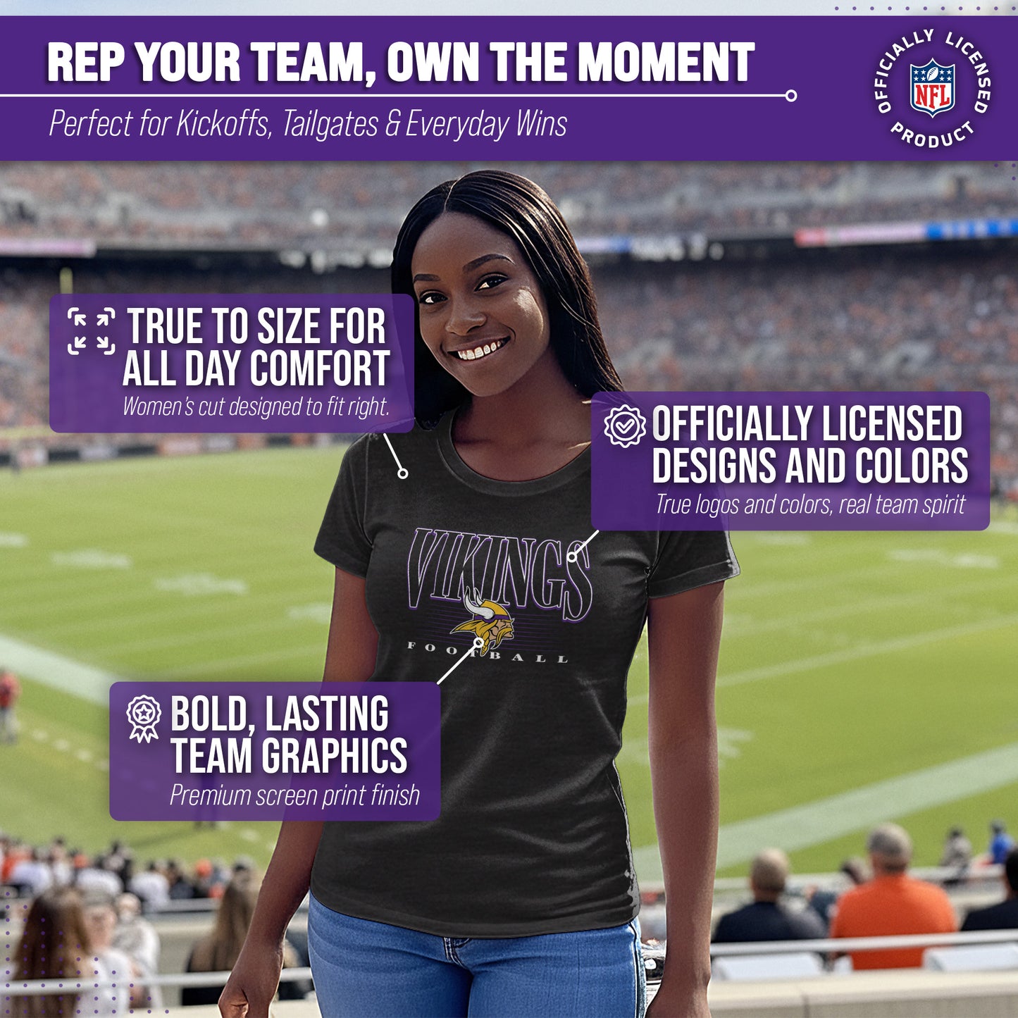 Minnesota Vikings NFL Womens Overtime Blueprint Tag-Less T-Shirt - Black