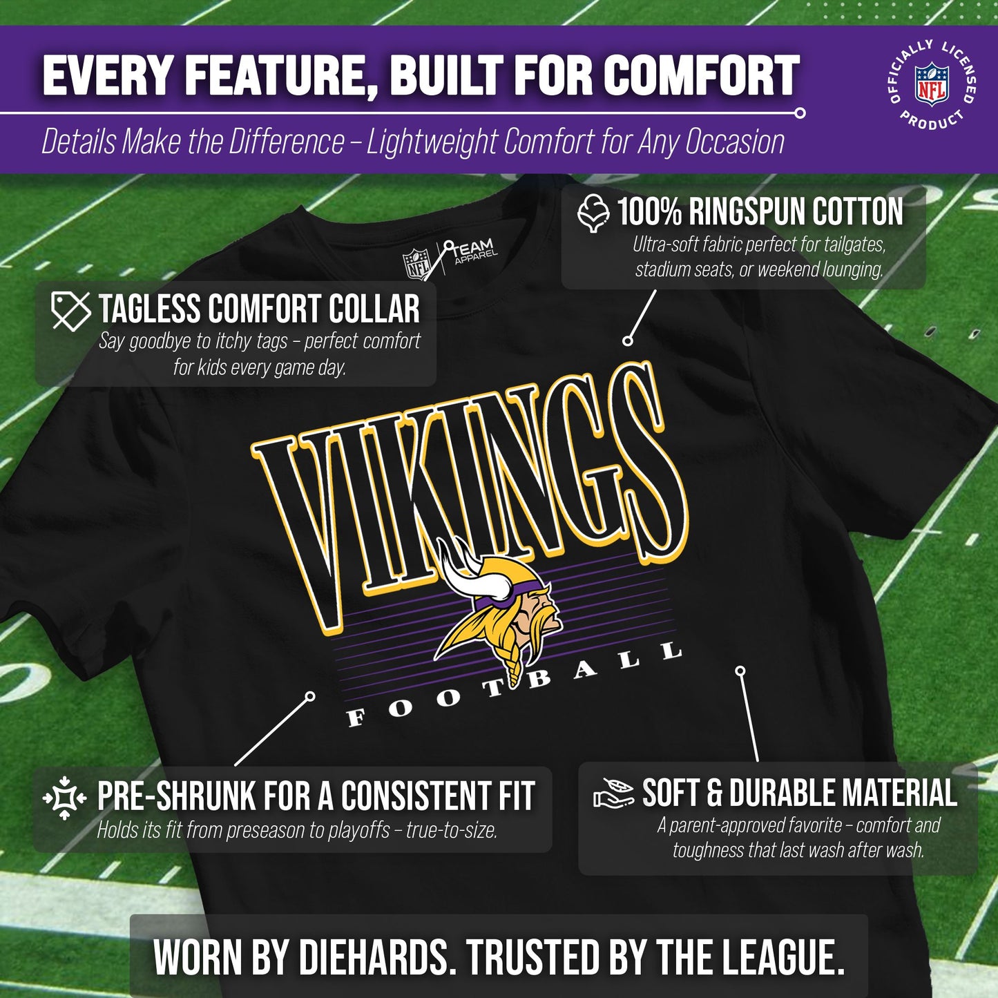 Minnesota Vikings NFL Youth Overtime Blueprint Football T-Shirt Unisex Tag Free Comfortable - Black