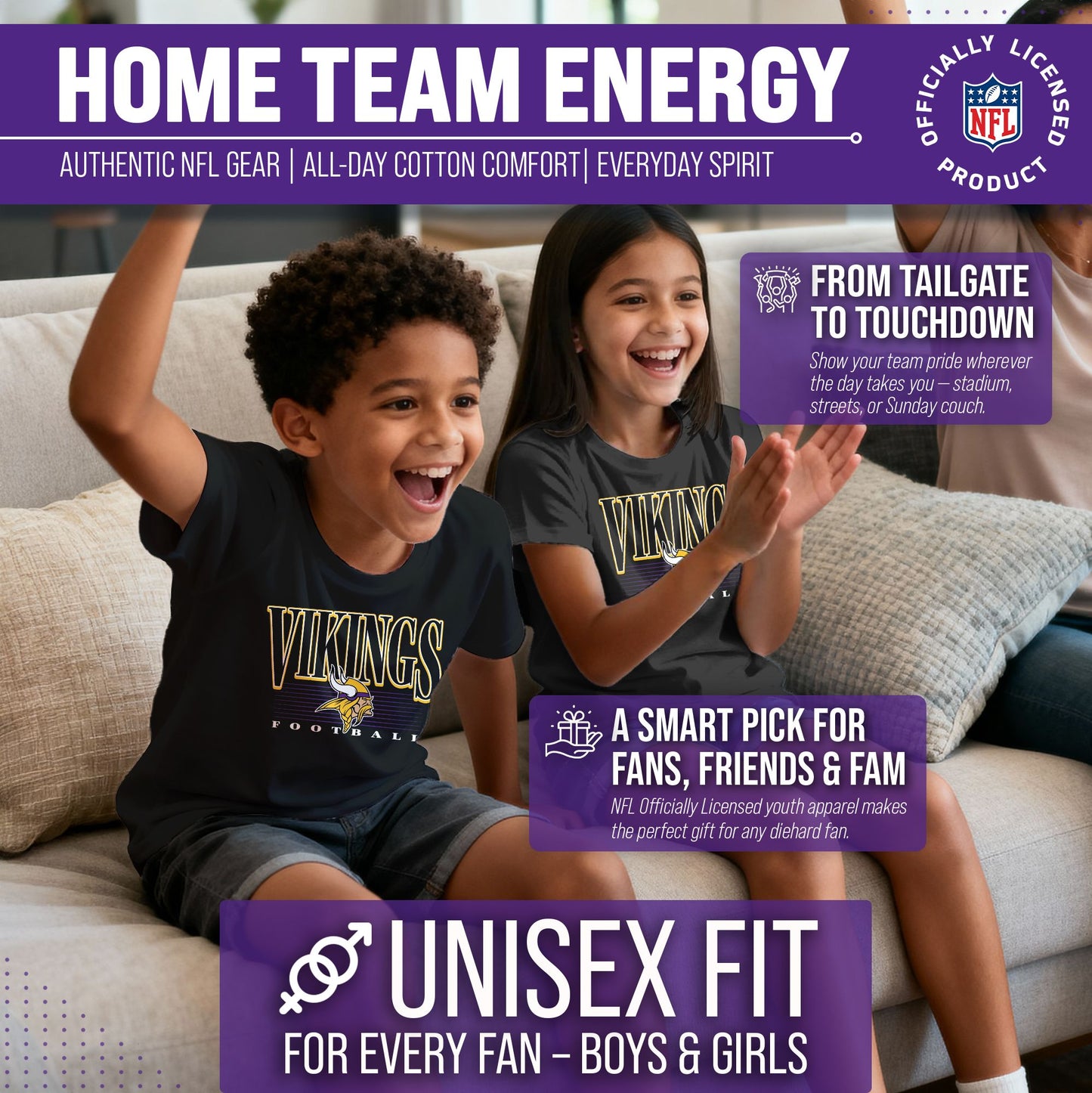 Minnesota Vikings NFL Youth Overtime Blueprint Football T-Shirt Unisex Tag Free Comfortable - Black