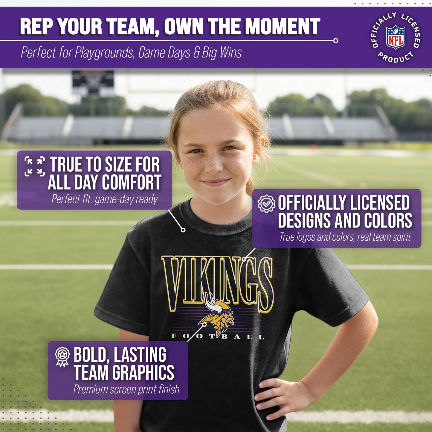 Minnesota Vikings NFL Youth Overtime Blueprint Football T-Shirt Unisex Tag Free Comfortable - Black