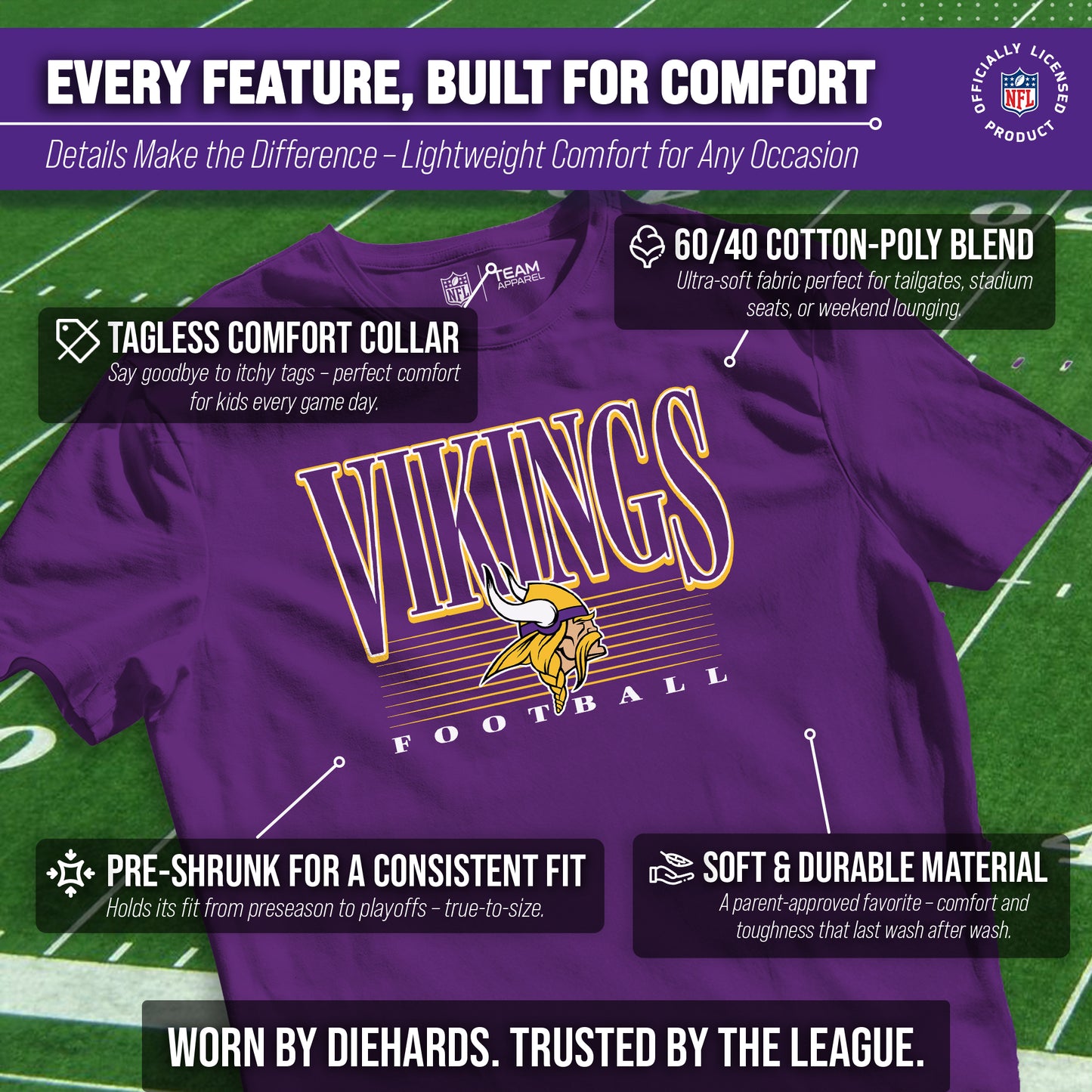 Minnesota Vikings NFL Youth Overtime Blueprint Football T-Shirt Unisex Tag Free Comfortable - Purple
