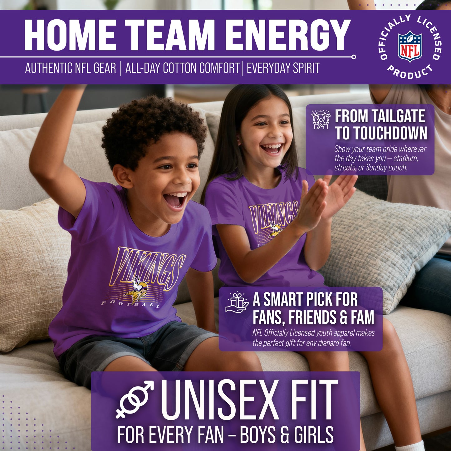 Minnesota Vikings NFL Youth Overtime Blueprint Football T-Shirt Unisex Tag Free Comfortable - Purple