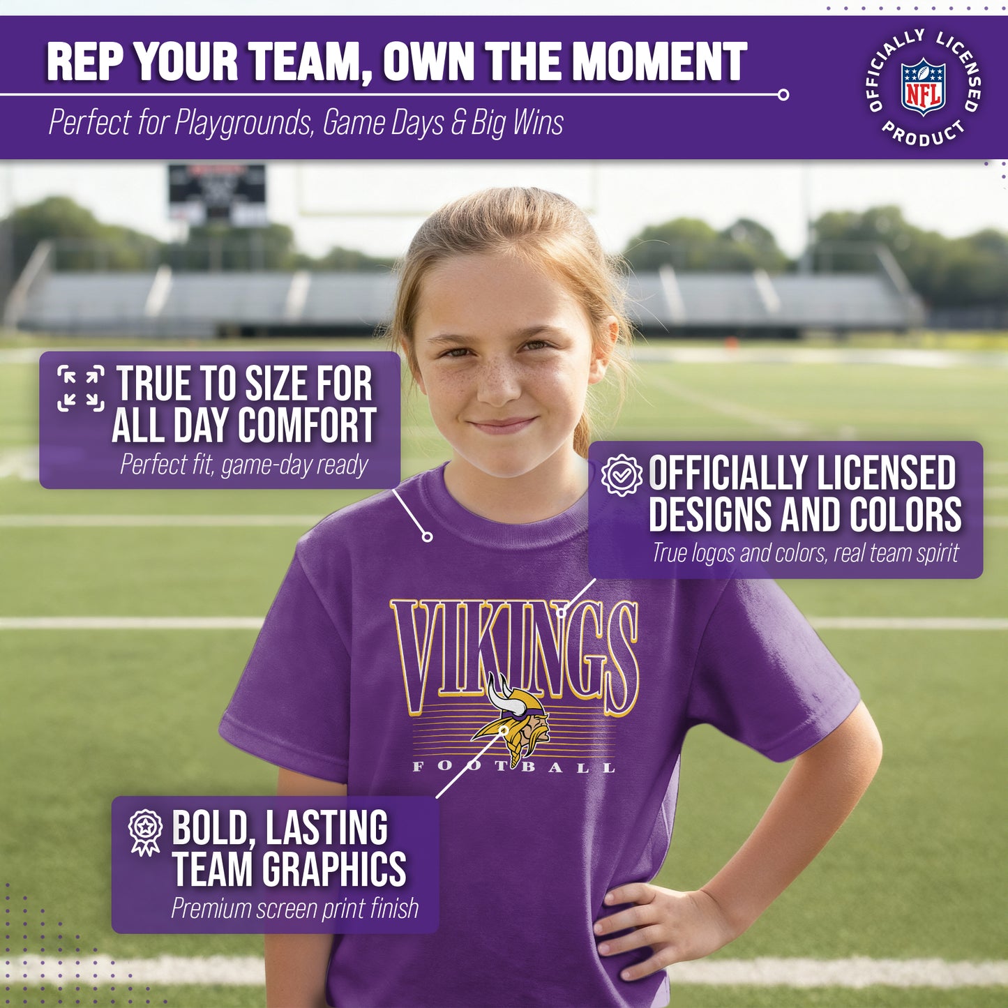 Minnesota Vikings NFL Youth Overtime Blueprint Football T-Shirt Unisex Tag Free Comfortable - Purple