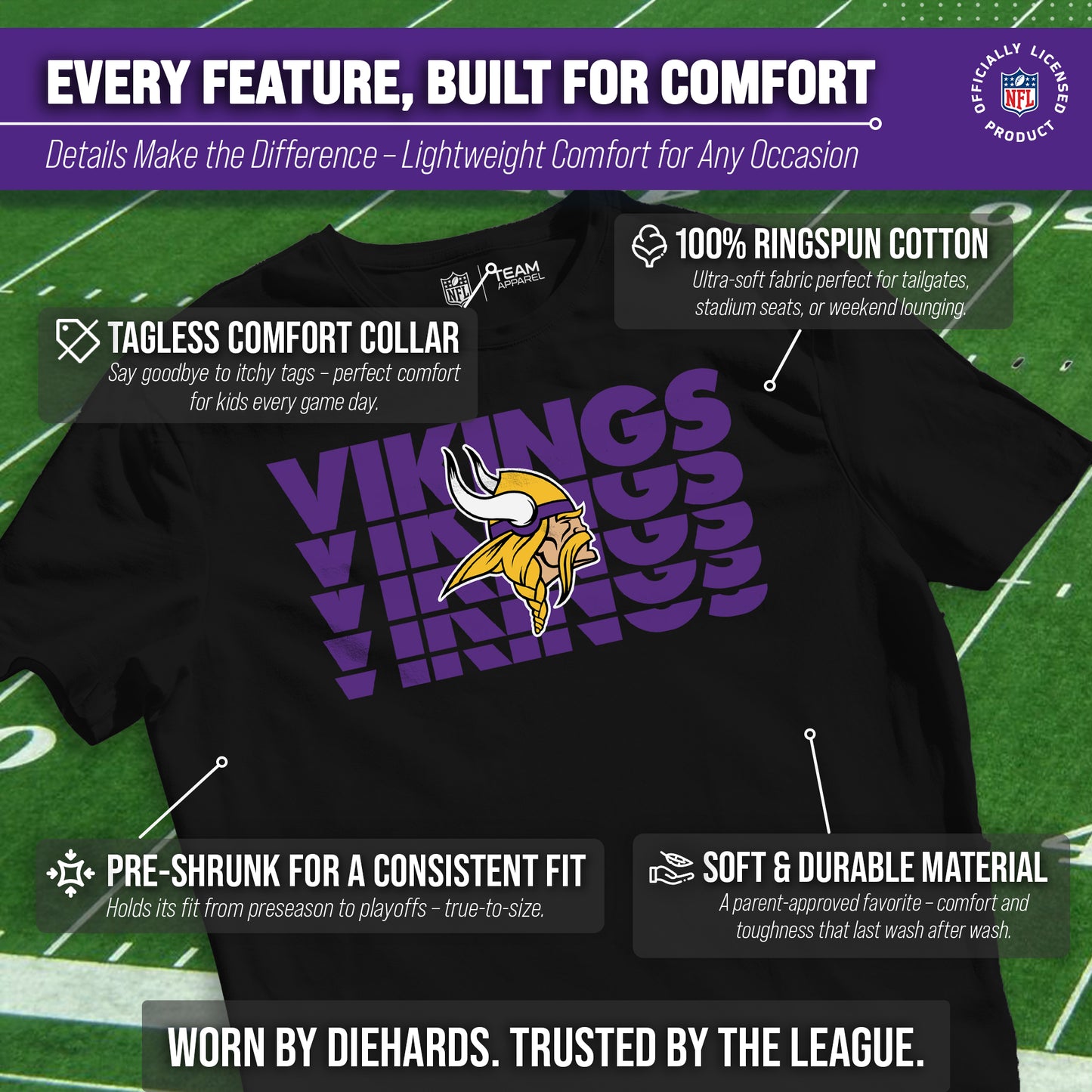 Minnesota Vikings NFL Youth Repeating Logo Football T-Shirt Unisex Tag Free Comfortable - Black