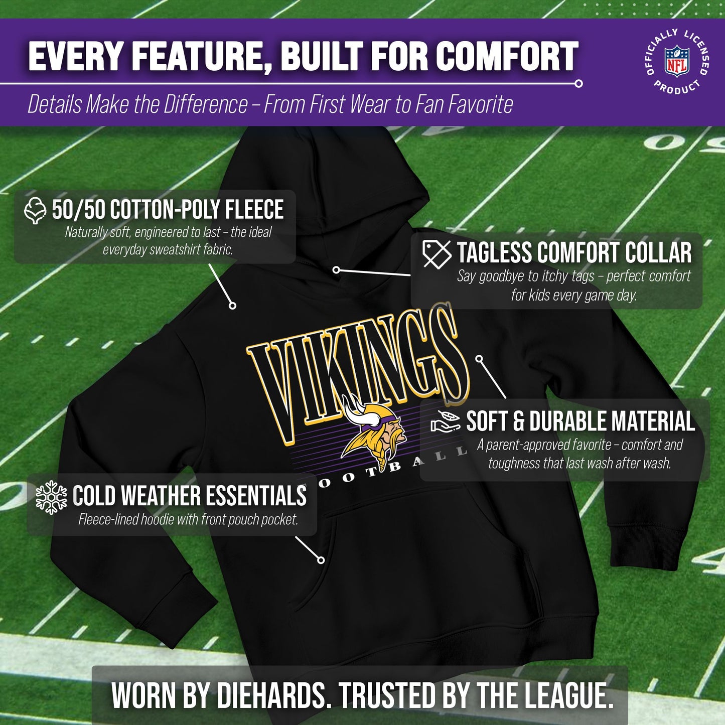 Minnesota Vikings NFL Youth Overtime Blueprint Football Fleece Hooded Sweatshirt - Black