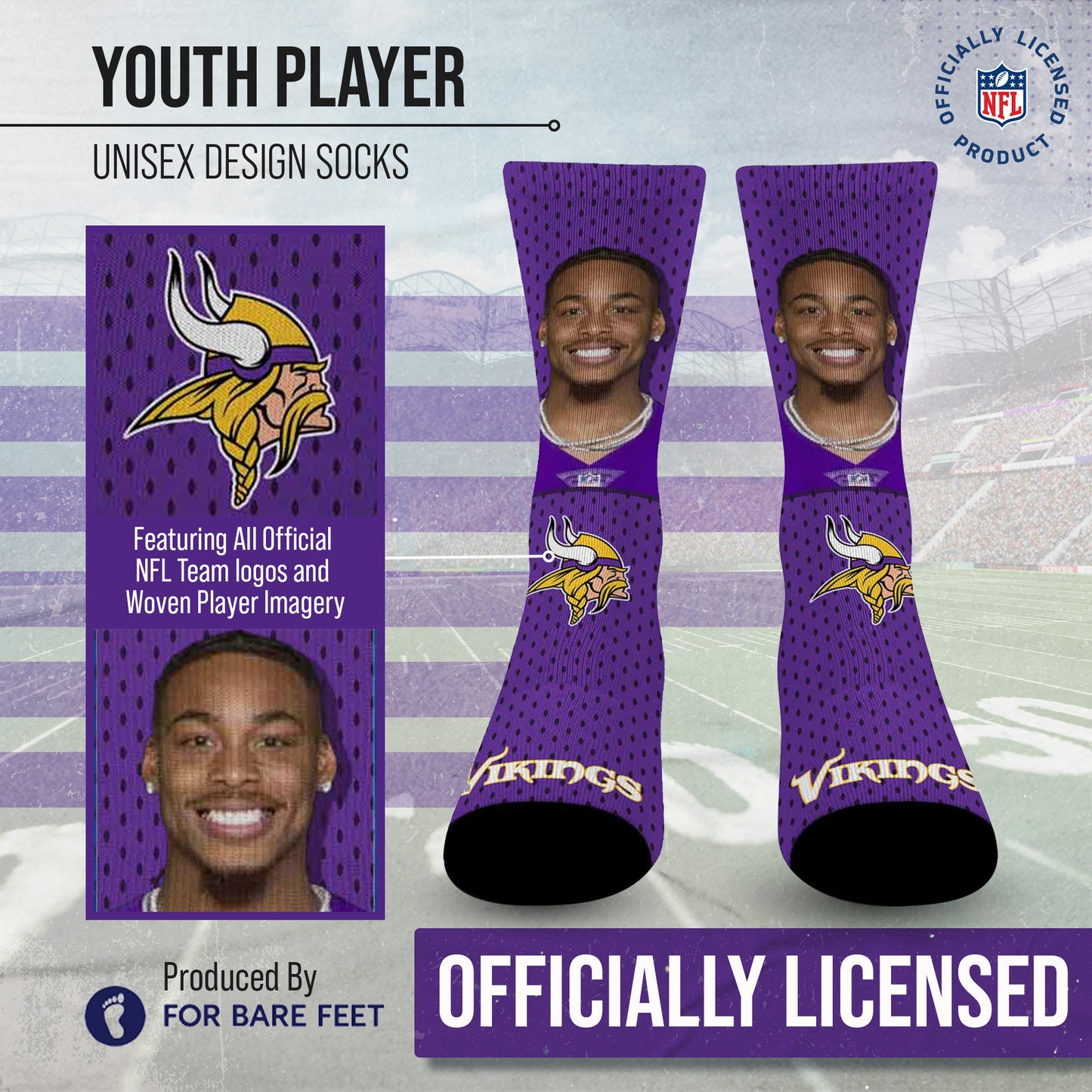 Minnesota Vikings NFL Youth Roster Player Crew Socks - Purple