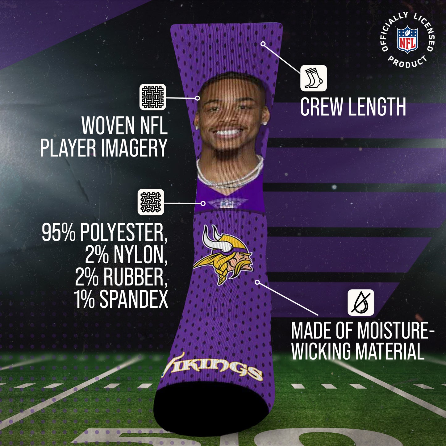 Minnesota Vikings NFL Youth Roster Player Crew Socks - Purple