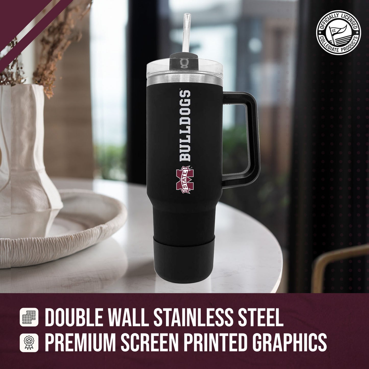 Mississippi State Bulldogs College & University 40 oz Travel Tumbler With Handle - Black