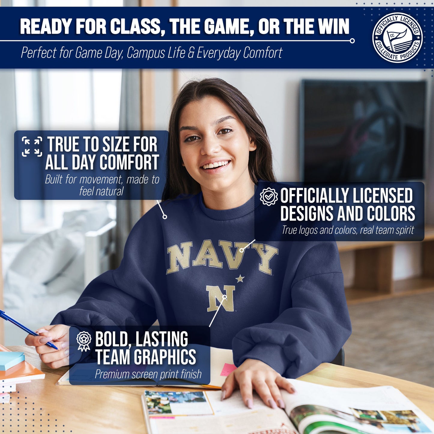Navy Midshipmen Campus Colors Adult Arch & Logo Soft Style Gameday Crewneck Sweatshirt  - Navy