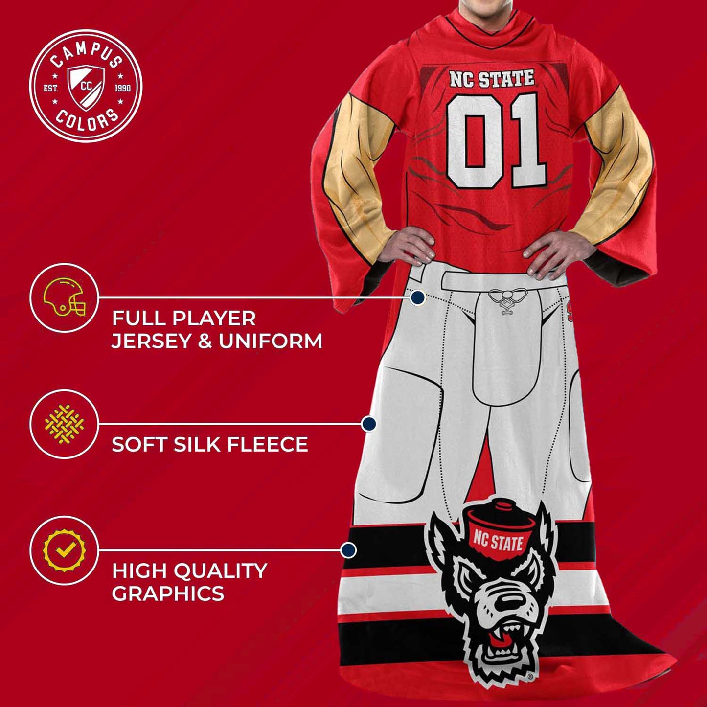 NC State Wolfpack NCAA Team Wearable Blanket with Sleeves - Red