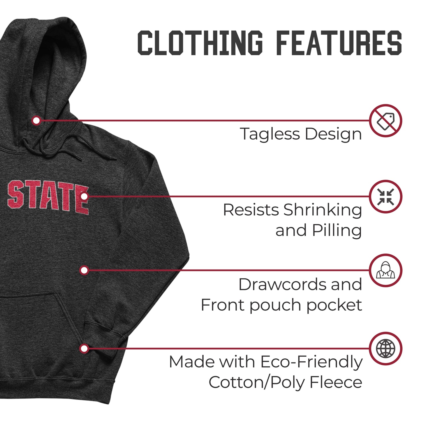 NC State Wolfpack NCAA Adult Cotton Blend Charcoal Hooded Sweatshirt - Charcoal