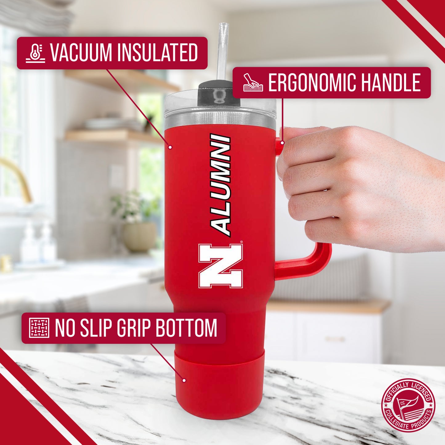 Nebraska Cornhuskers Collegiate 40oz Stainless Steel Travel Tumbler with Handle for Alumni - Red