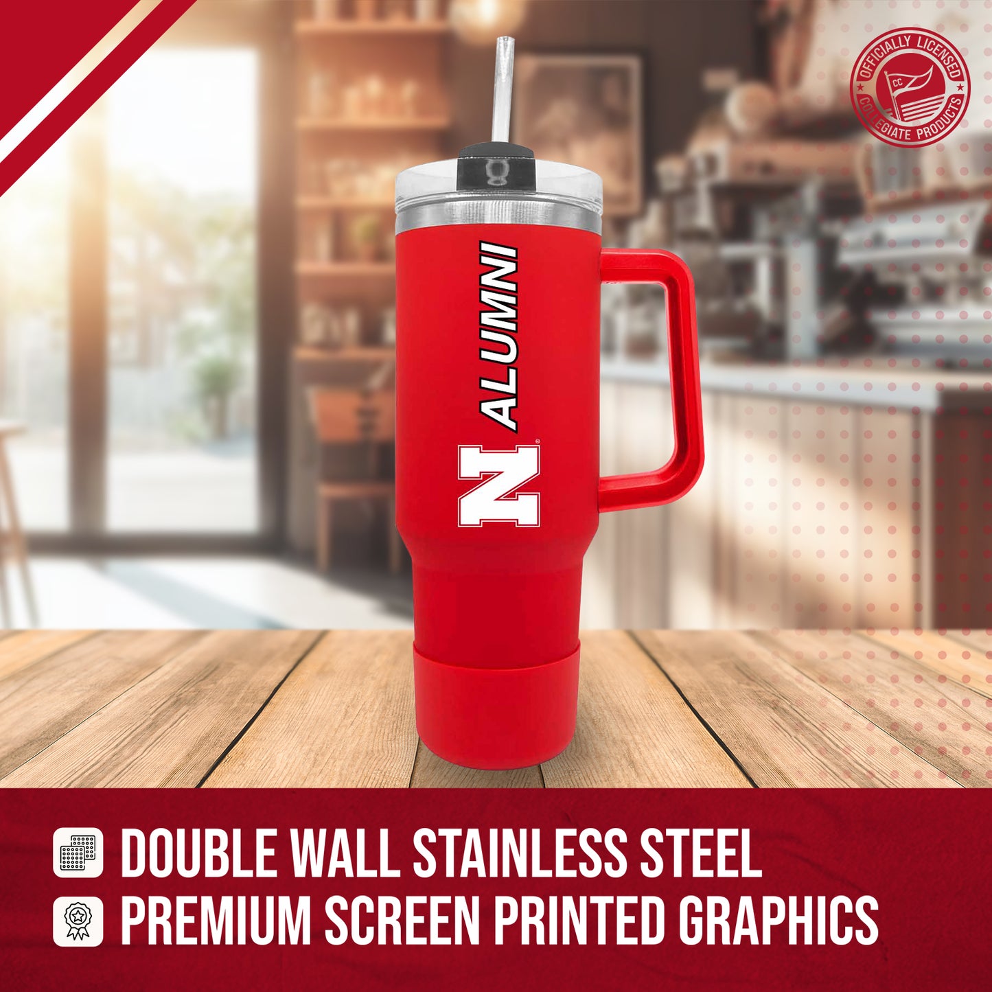 Nebraska Cornhuskers Collegiate 40oz Stainless Steel Travel Tumbler with Handle for Alumni - Red