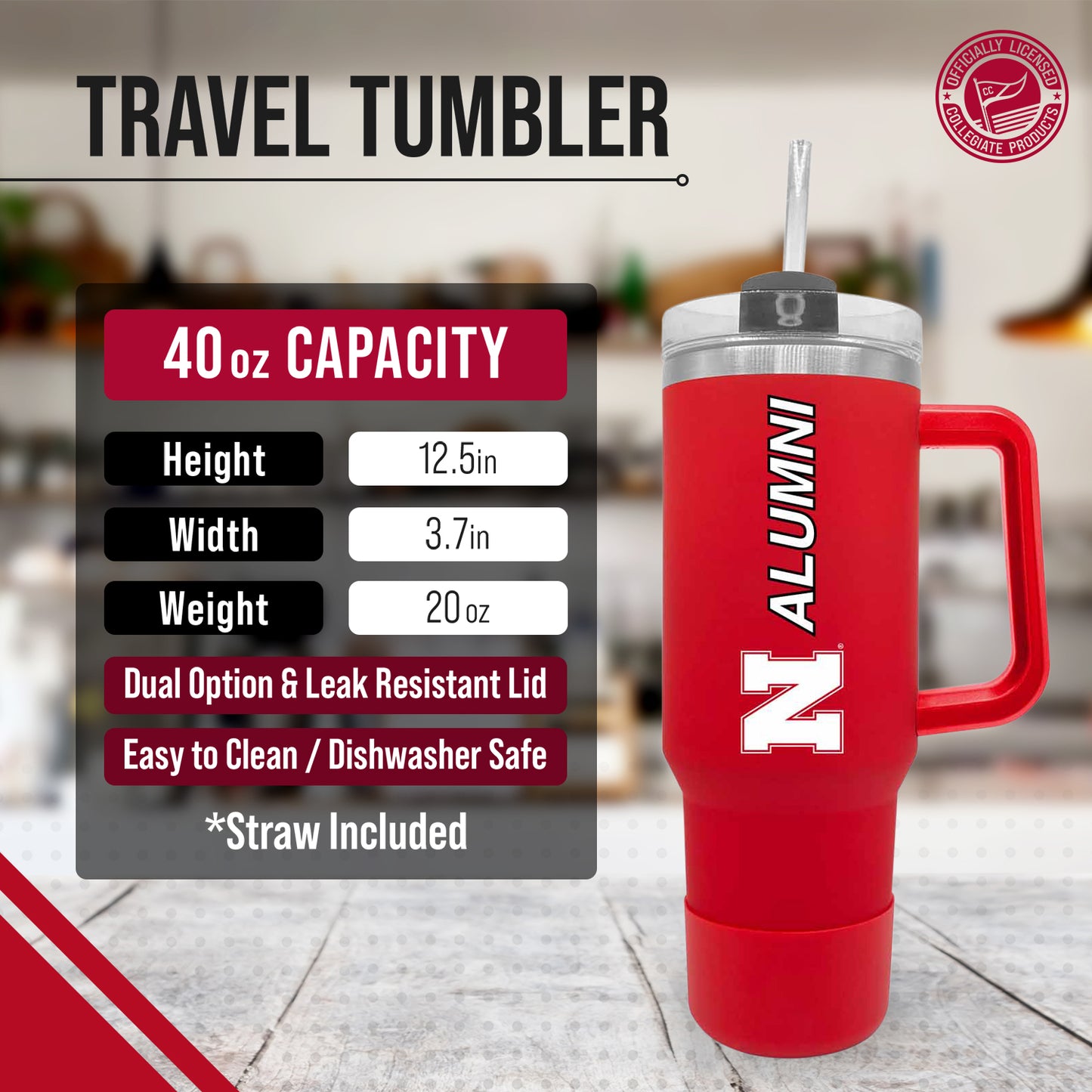 Nebraska Cornhuskers Collegiate 40oz Stainless Steel Travel Tumbler with Handle for Alumni - Red